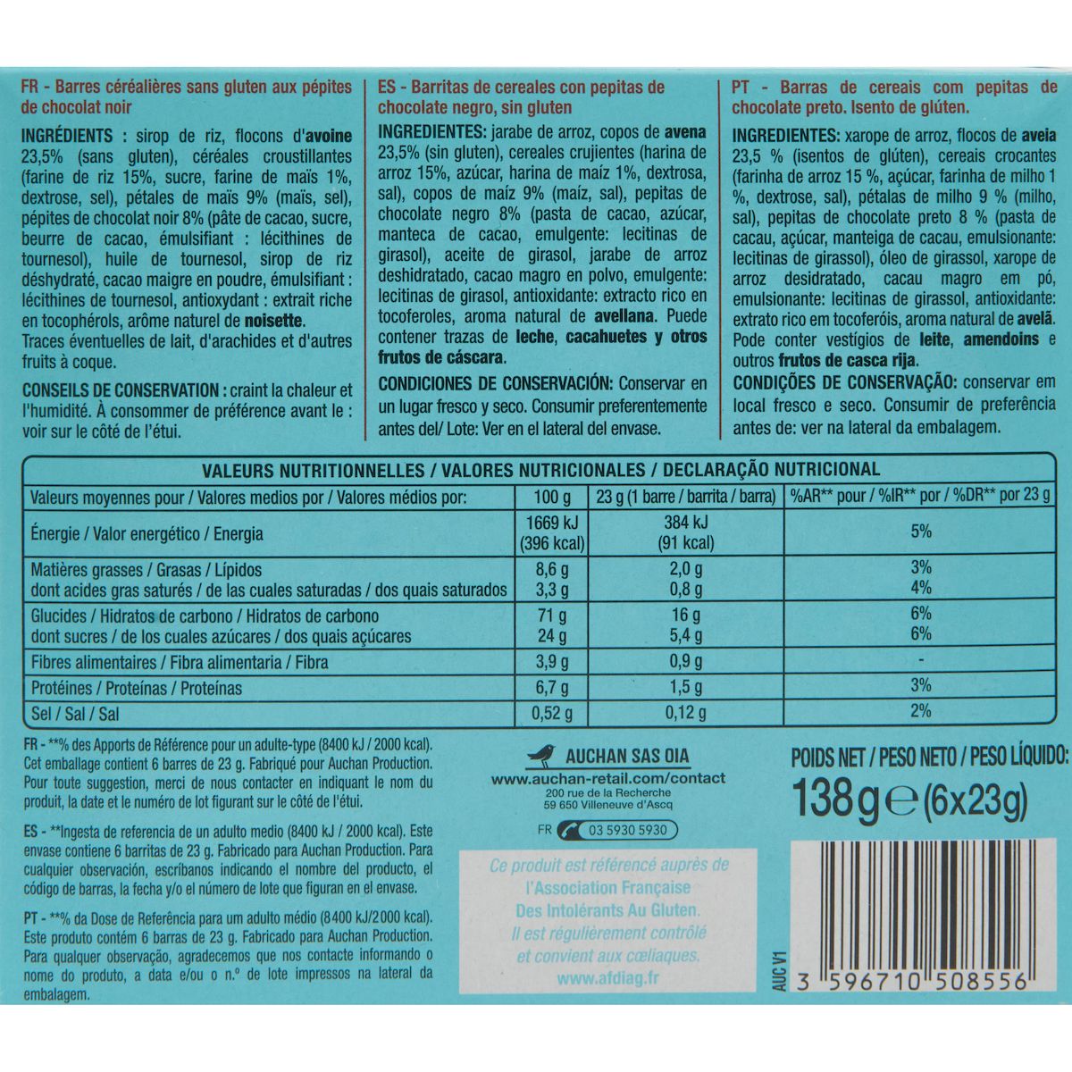 AUCHAN Barres de céréales au chocolat sans gluten 6 barres 138g