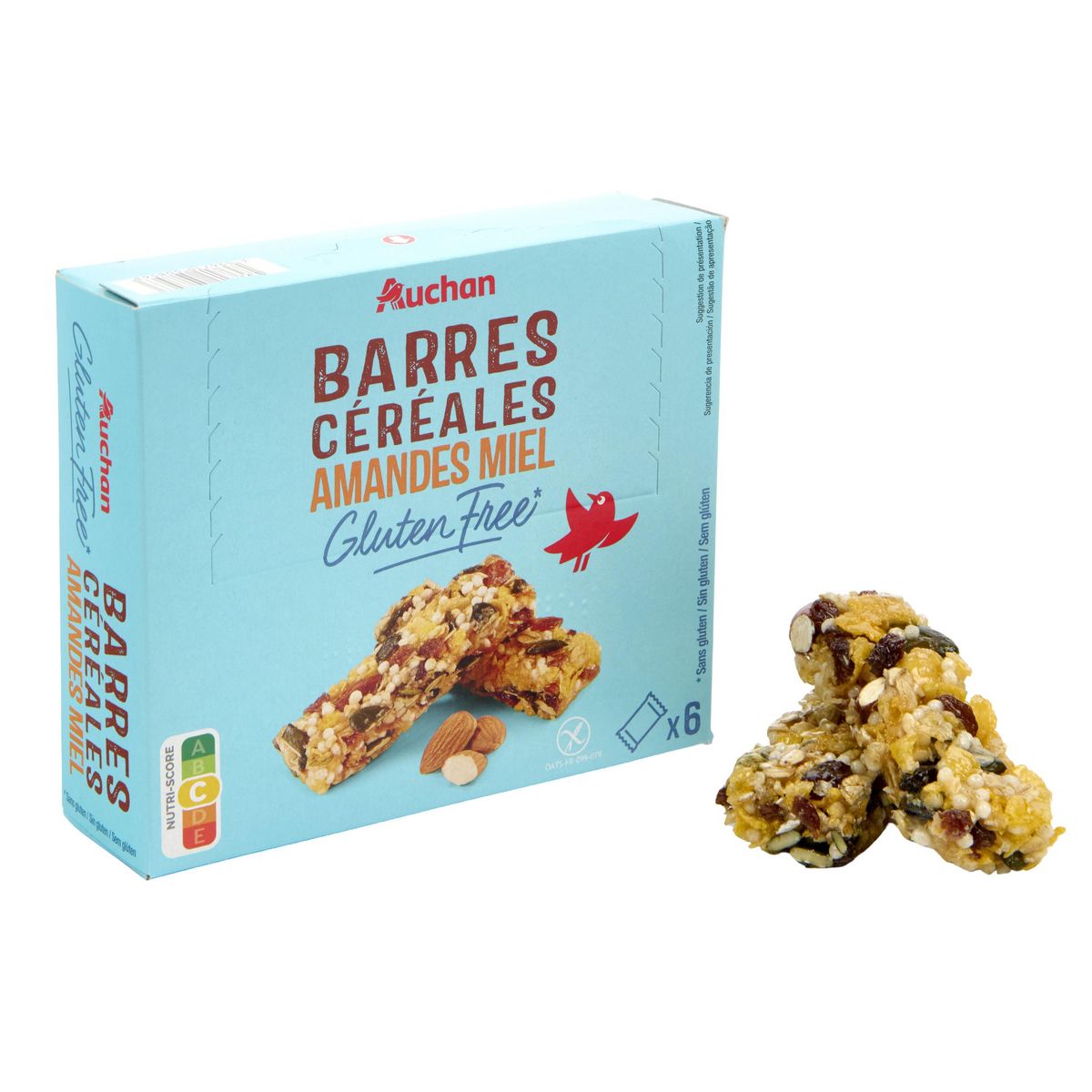 AUCHAN Barres de céréales amandes miel sans gluten 6 pièces 180g