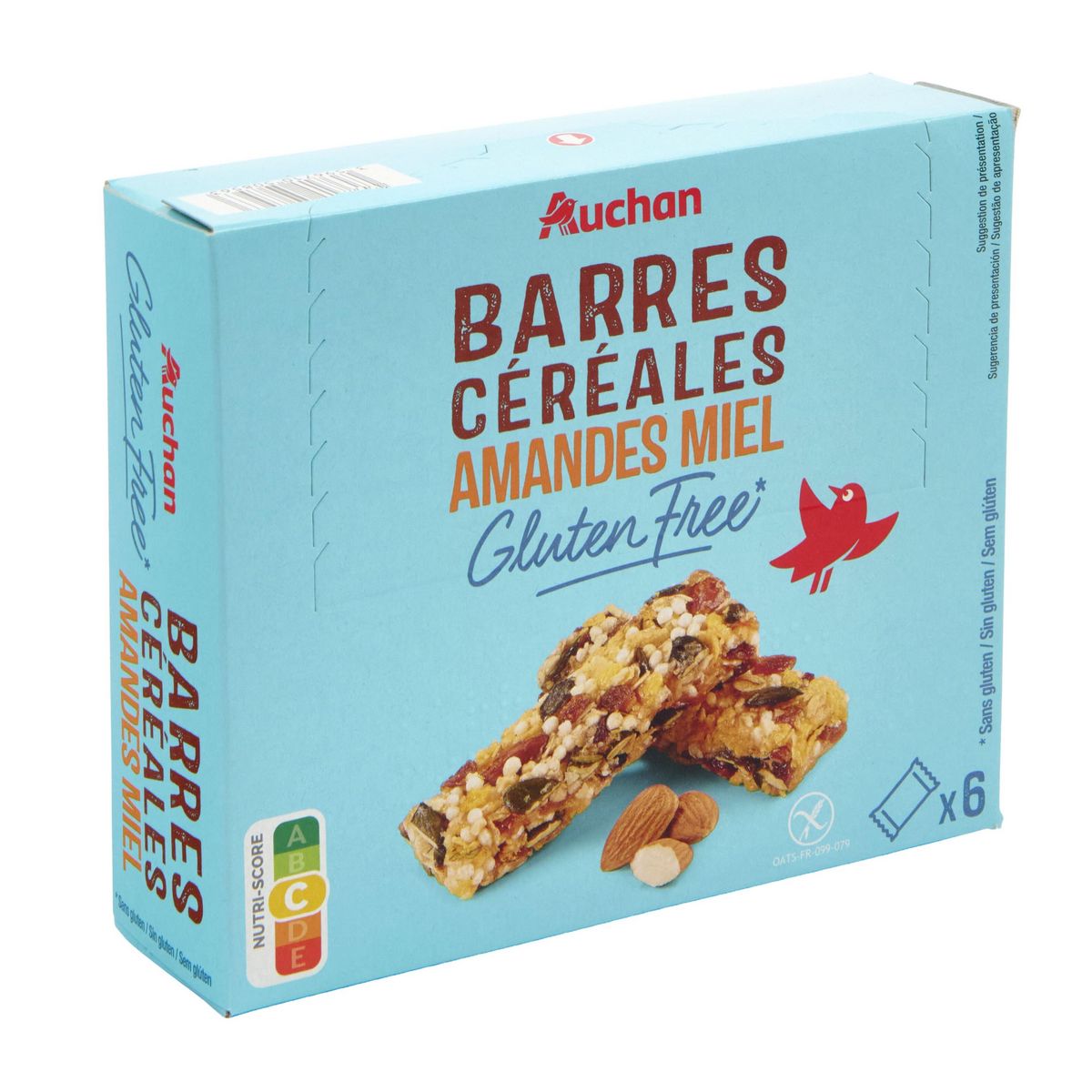 AUCHAN Barres de céréales amandes miel sans gluten 6 pièces 180g