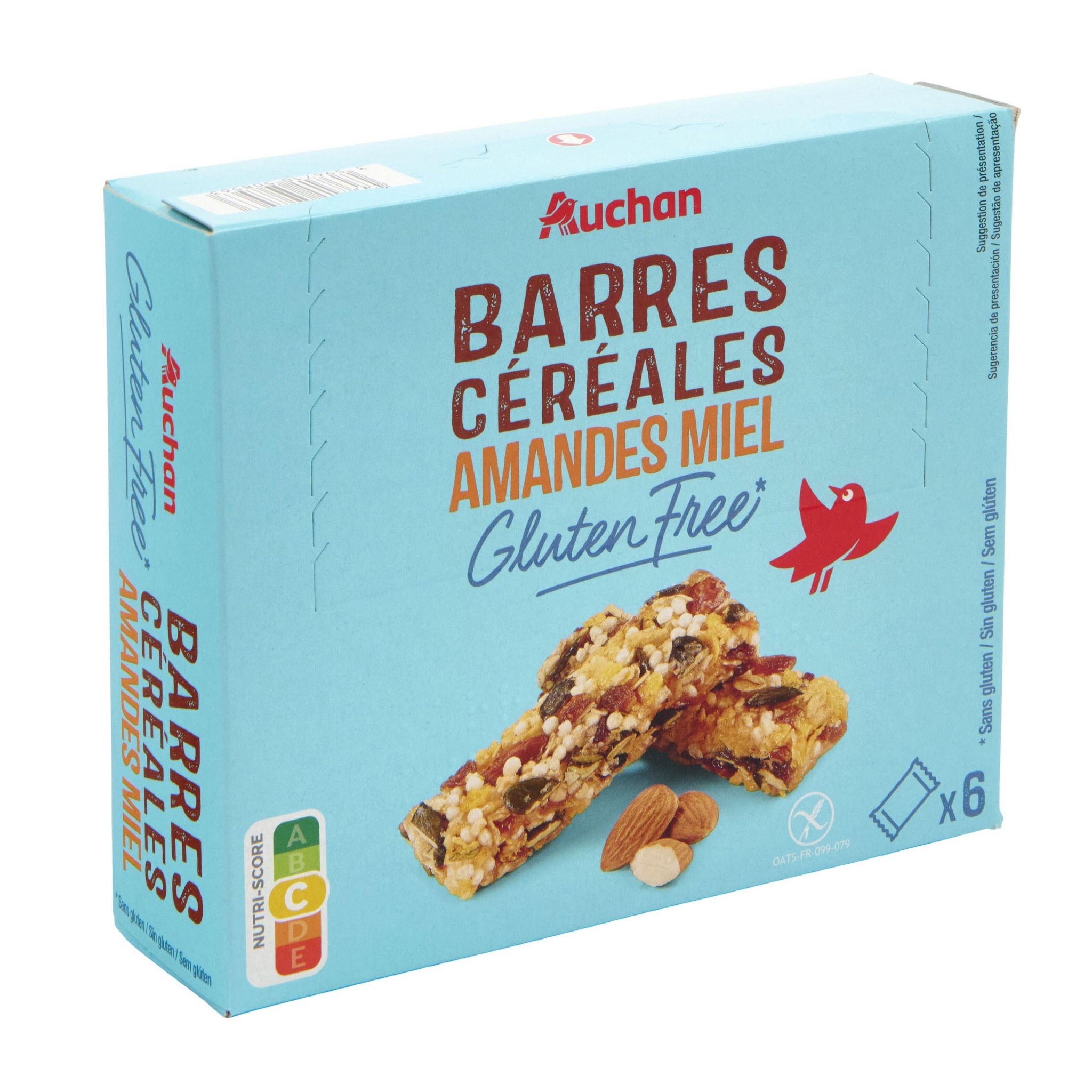 Voir la diapositive 3 : AUCHAN Barres de céréales amandes miel sans gluten 6 pièces 180g