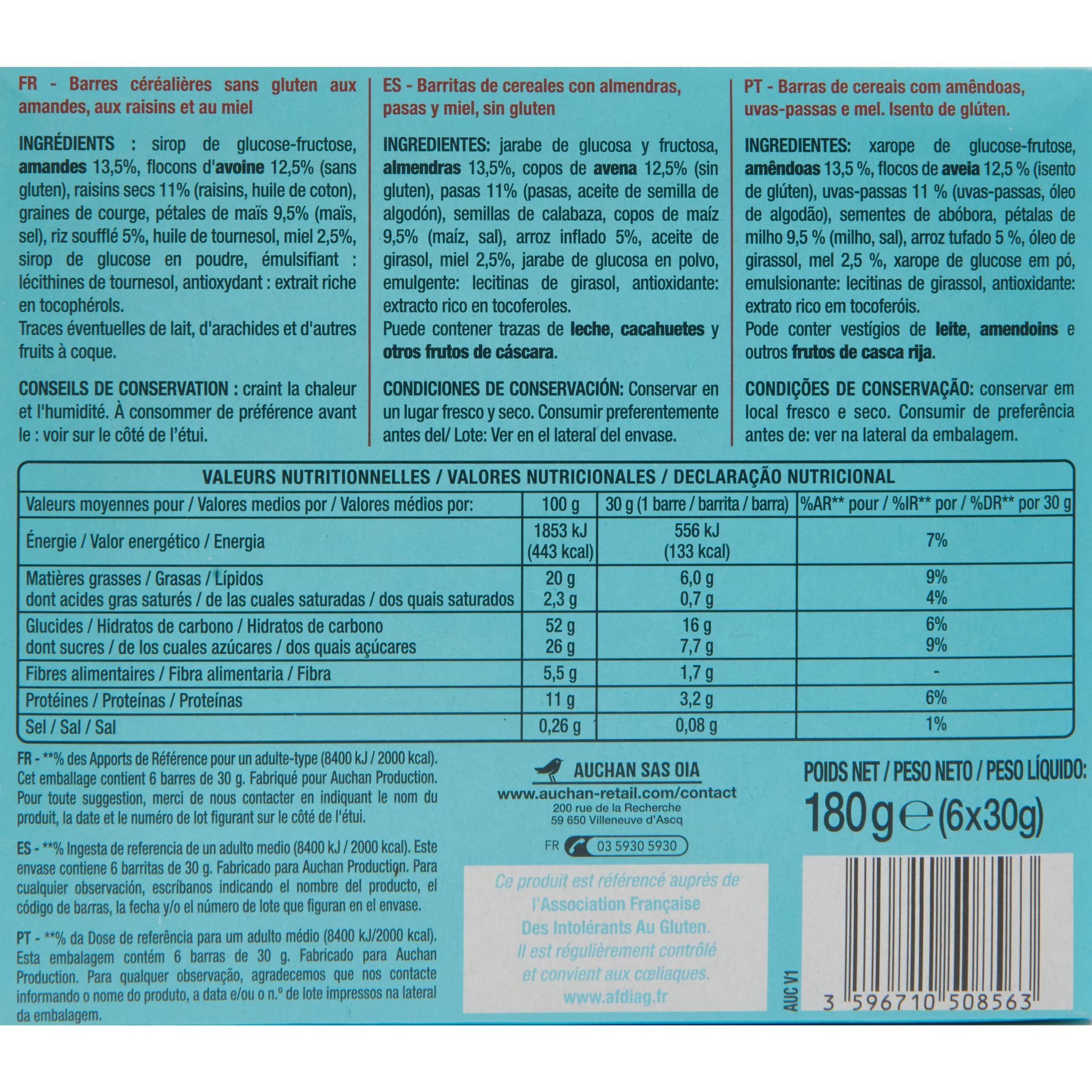 Voir la diapositive 4 : AUCHAN Barres de céréales amandes miel sans gluten 6 pièces 180g