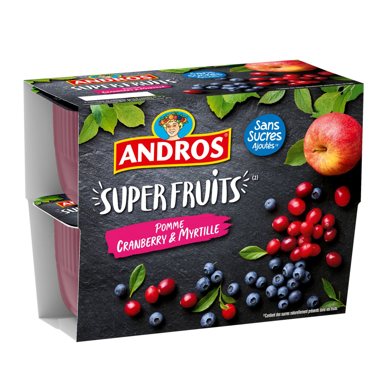 ANDROS Super fruits Spécialité sans sucre pomme cranberry et myrtille 4x97g