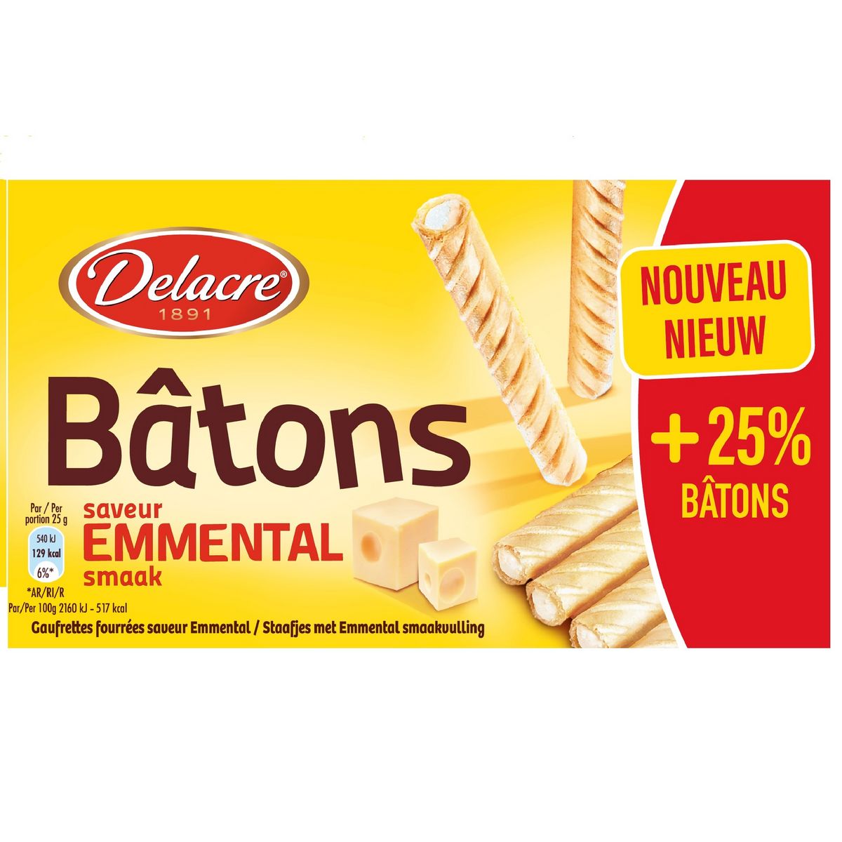 DELACRE Bâtons gaufrettes fourrées saveur emmental 75g