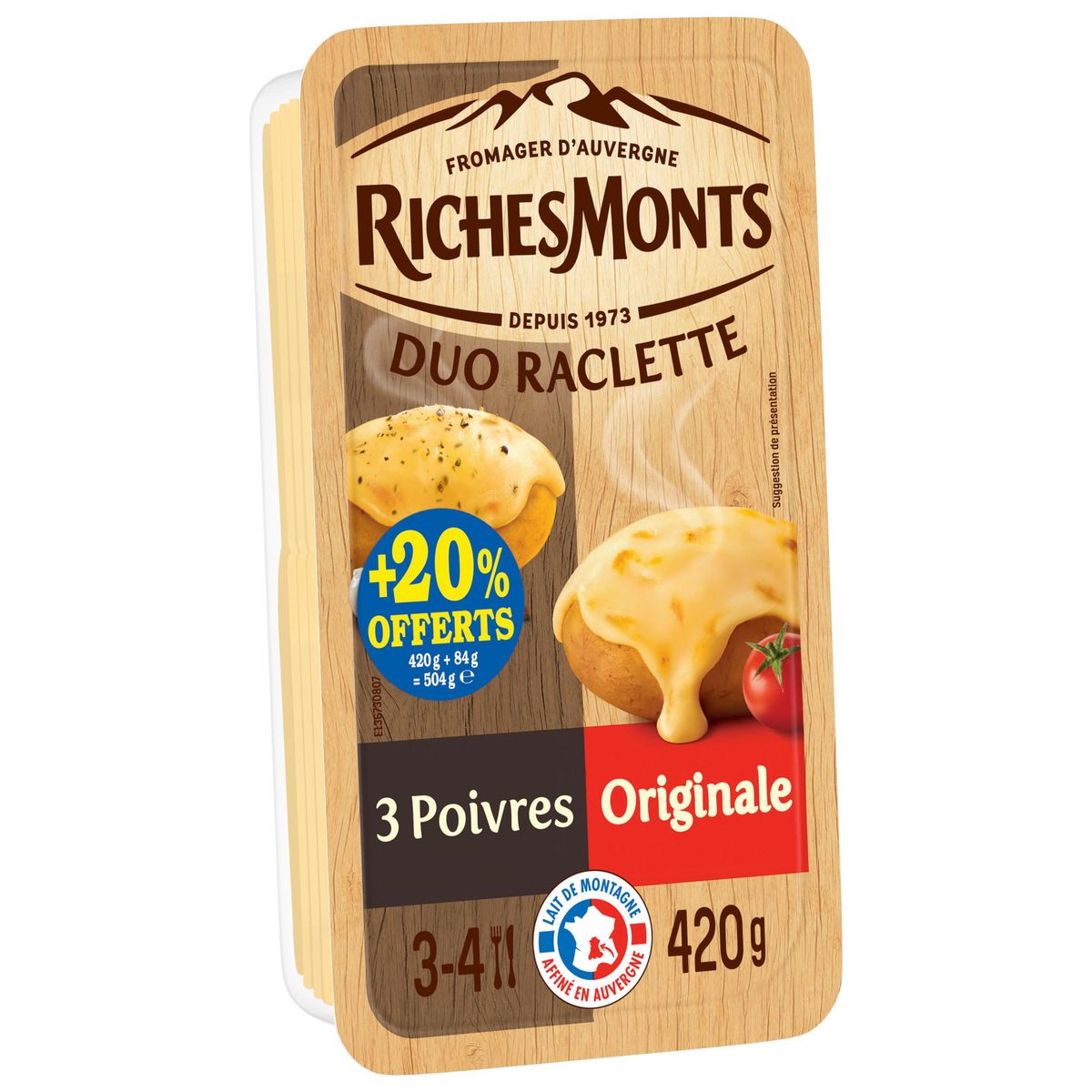 RICHESMONTS Fromage à raclette duo 3 poivres et classique 2x8 tranches 420g