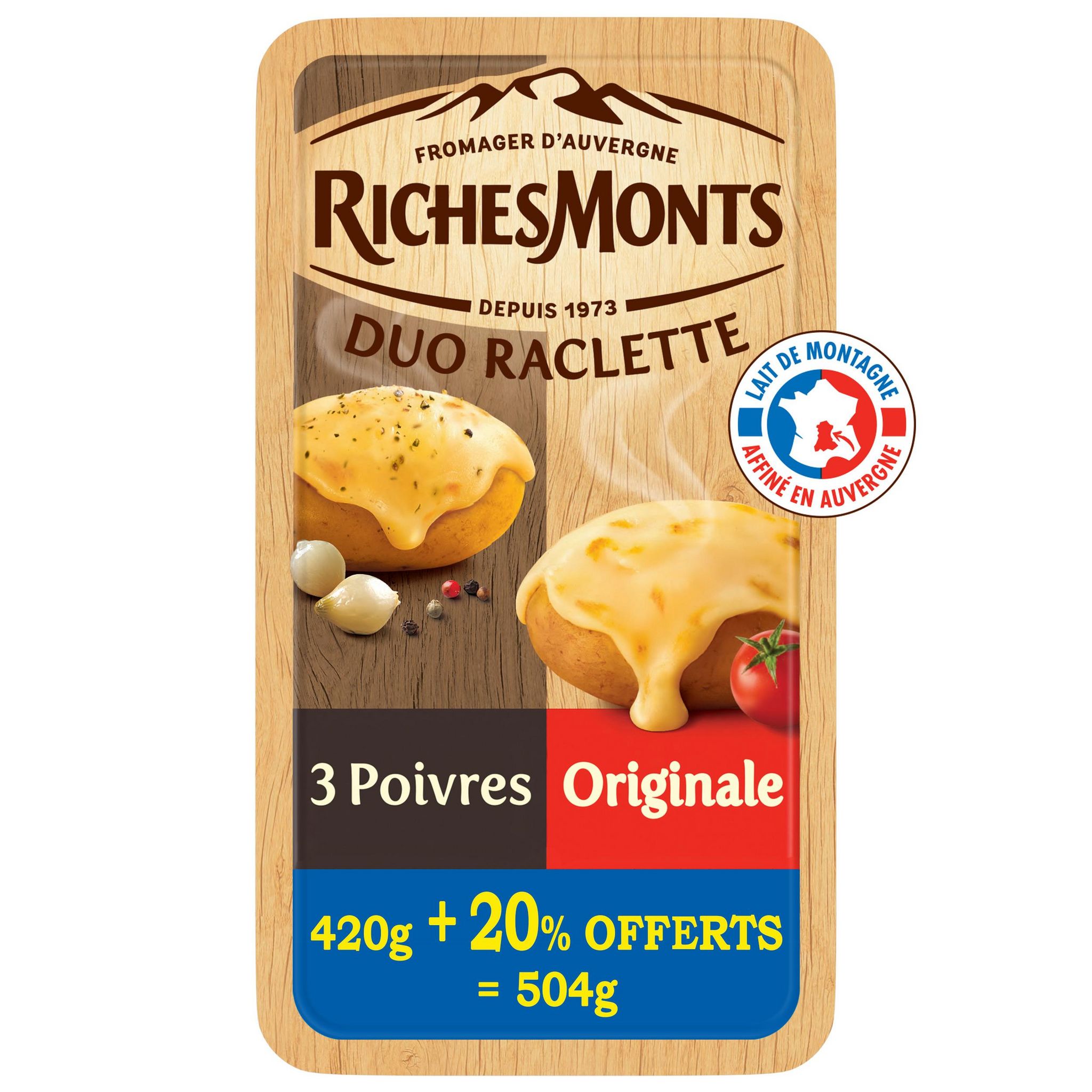 Voir la diapositive 2 : RICHESMONTS Fromage à raclette duo 3 poivres et classique 2x8 tranches 420g