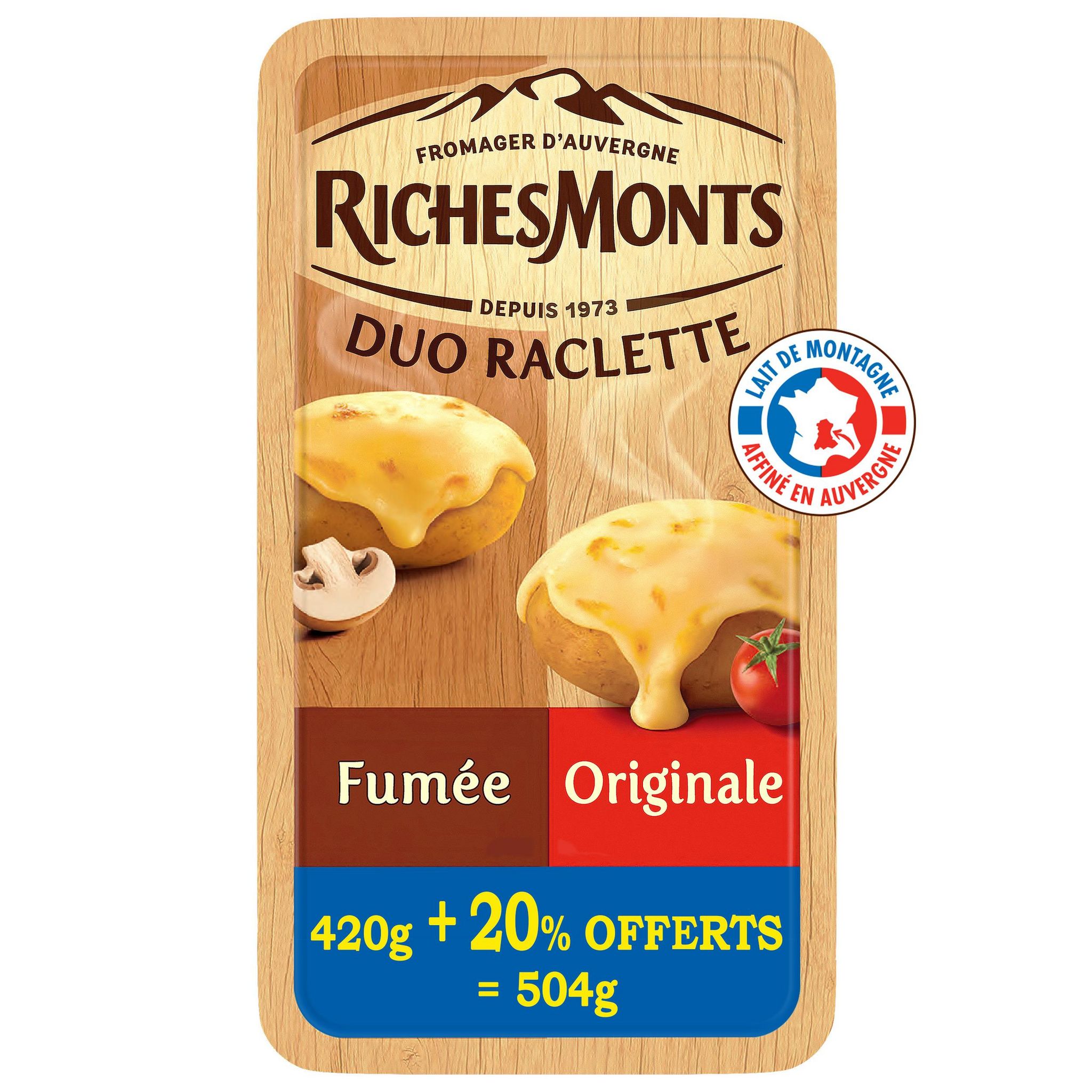 Voir la diapositive 2 : RICHESMONTS Fromage à raclette duo fumée et classique 2x8 tranches 420g