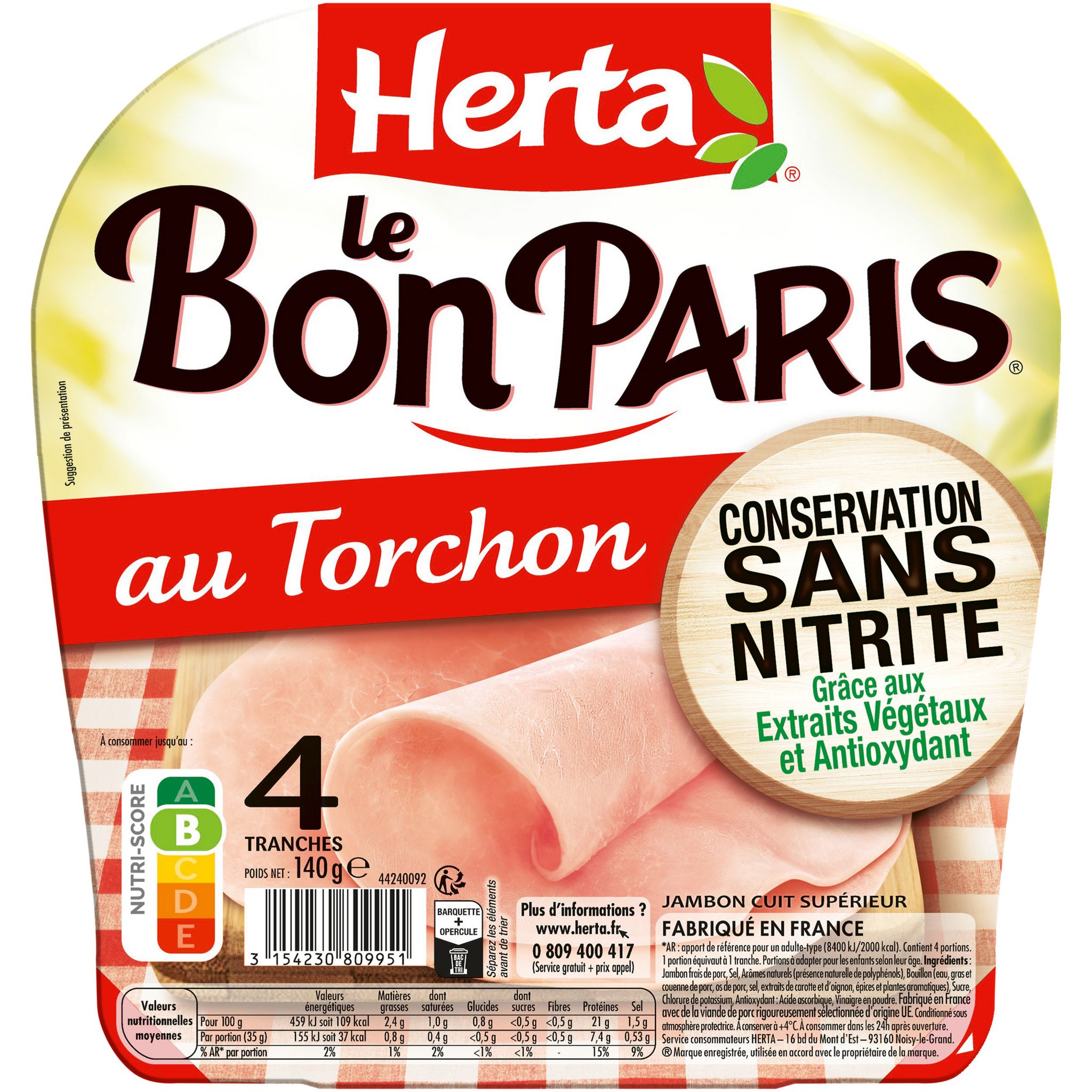 Voir la diapositive 2 : HERTA Le Bon Paris Jambon cuit au torchon sans nitrite 4 tranches 140g