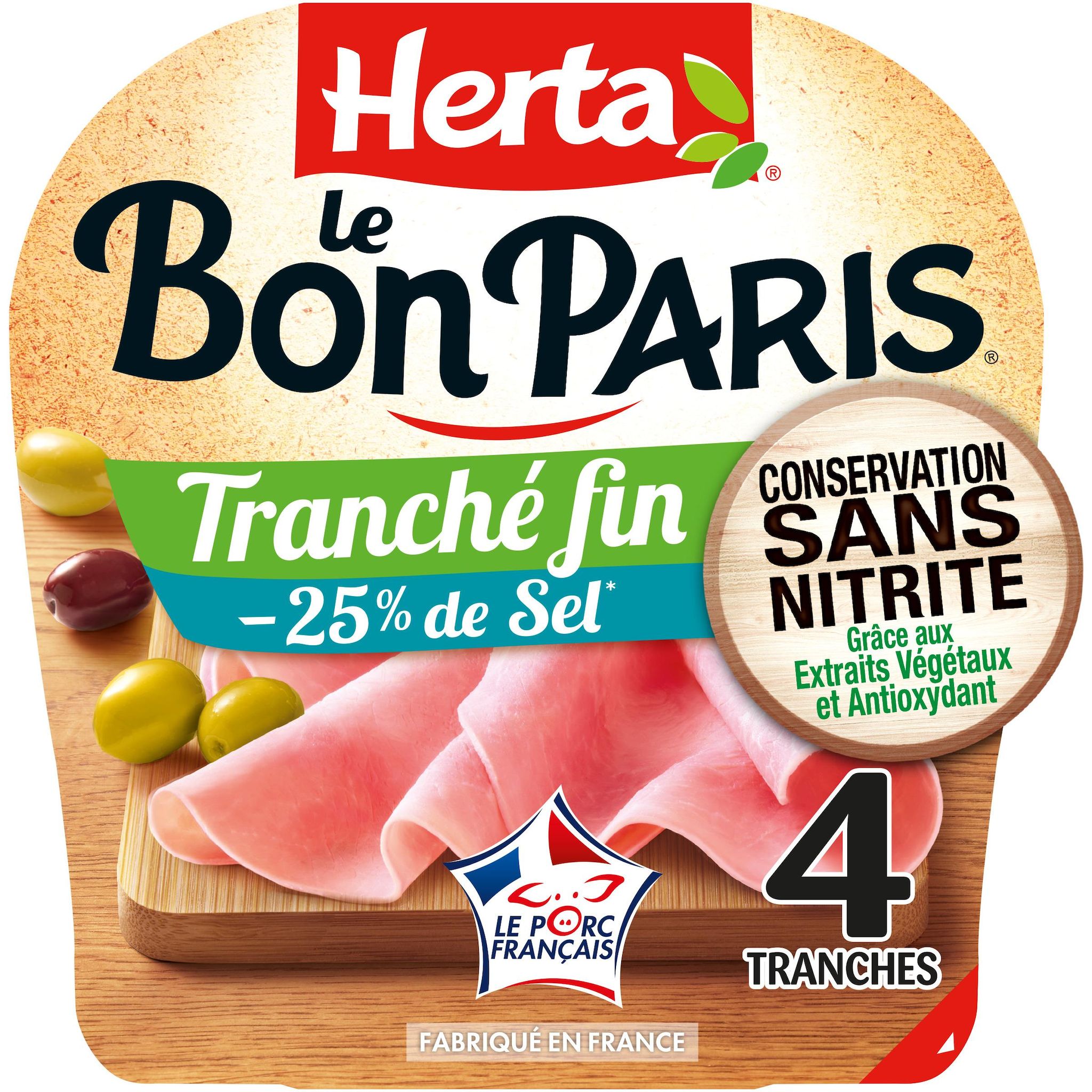 Voir la diapositive 2 : HERTA Le Bon Paris Jambon cuit tranché fin réduit en sel sans nitrite 4 tranches 120g