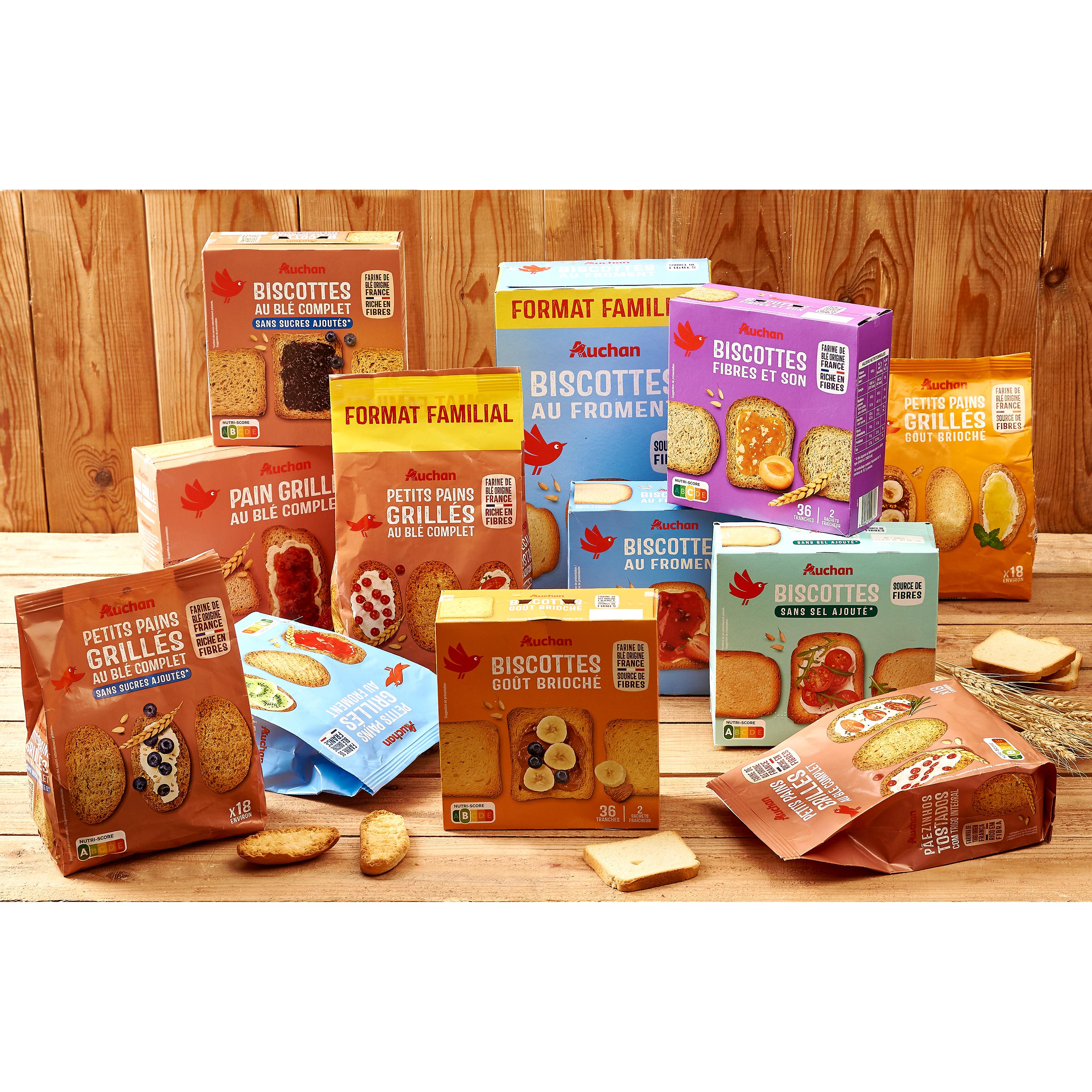 Voir la diapositive 2 : AUCHAN Petits pains grillés au blé complet Environ 32 pains 400g