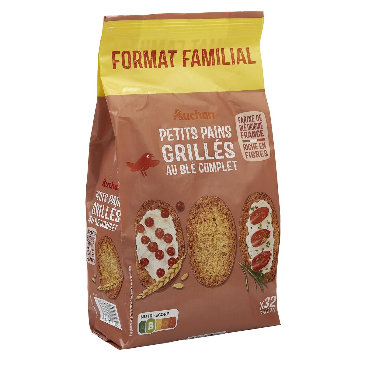 AUCHAN Petits pains grillés au blé complet Environ 32 pains 400g