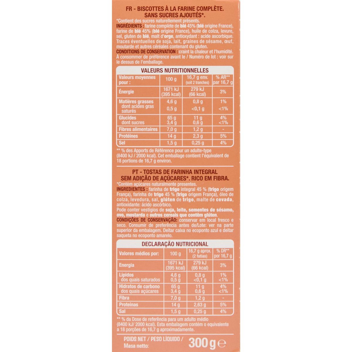 AUCHAN Biscottes au blé complet sans sucres ajoutés 2x18 biscottes 300g