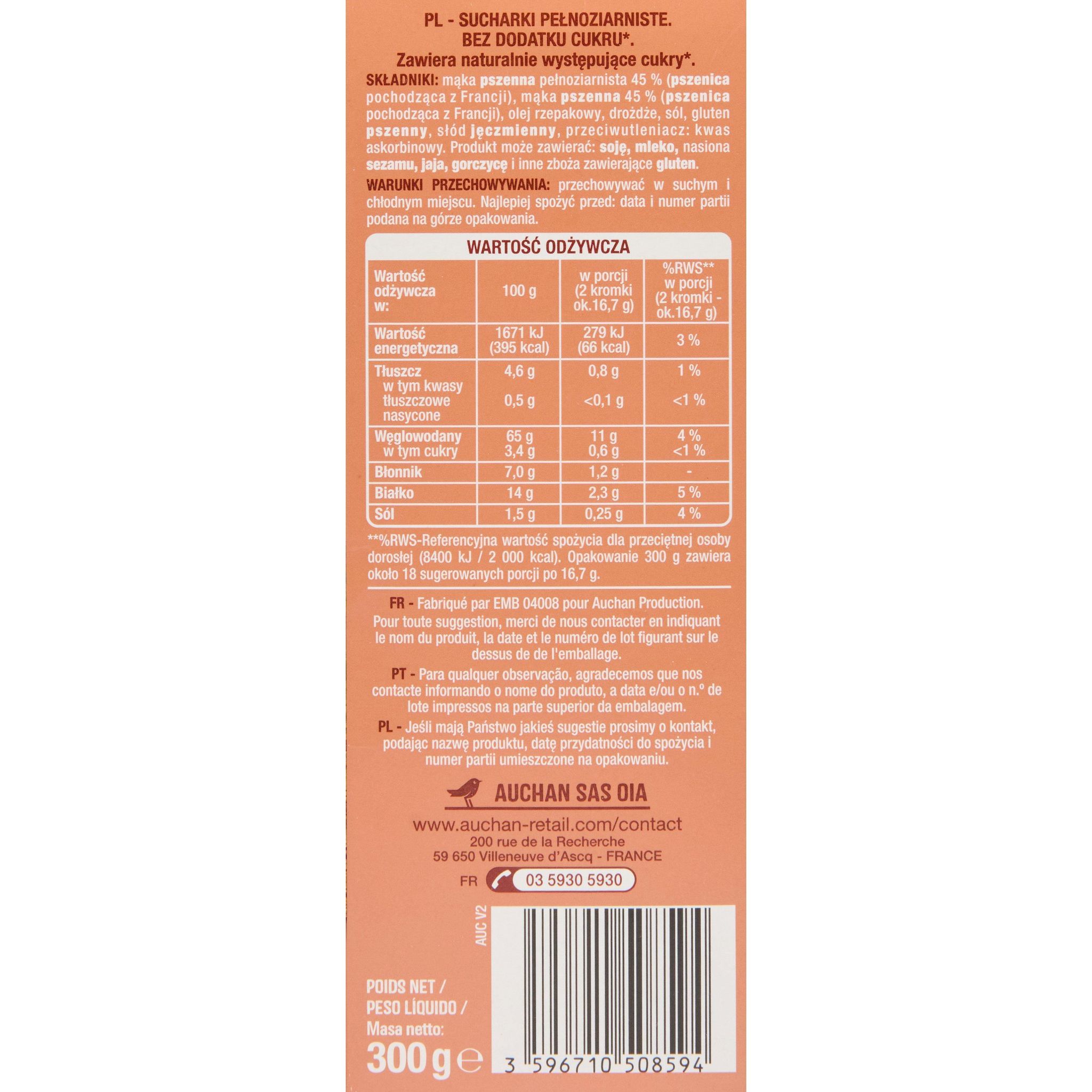 Voir la diapositive 3 : AUCHAN Biscottes au blé complet sans sucres ajoutés 2x18 biscottes 300g