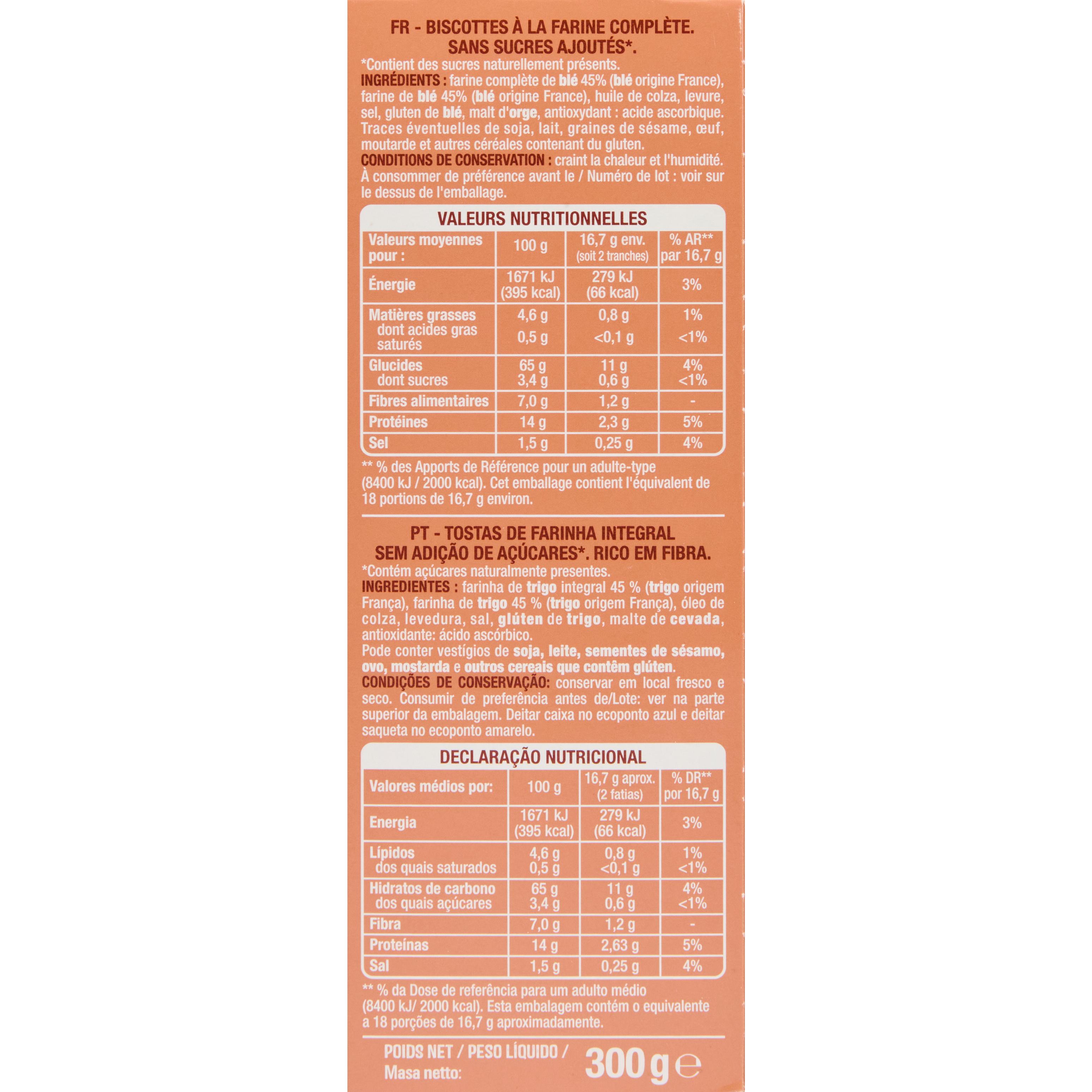 Voir la diapositive 5 : AUCHAN Biscottes au blé complet sans sucres ajoutés 2x18 biscottes 300g