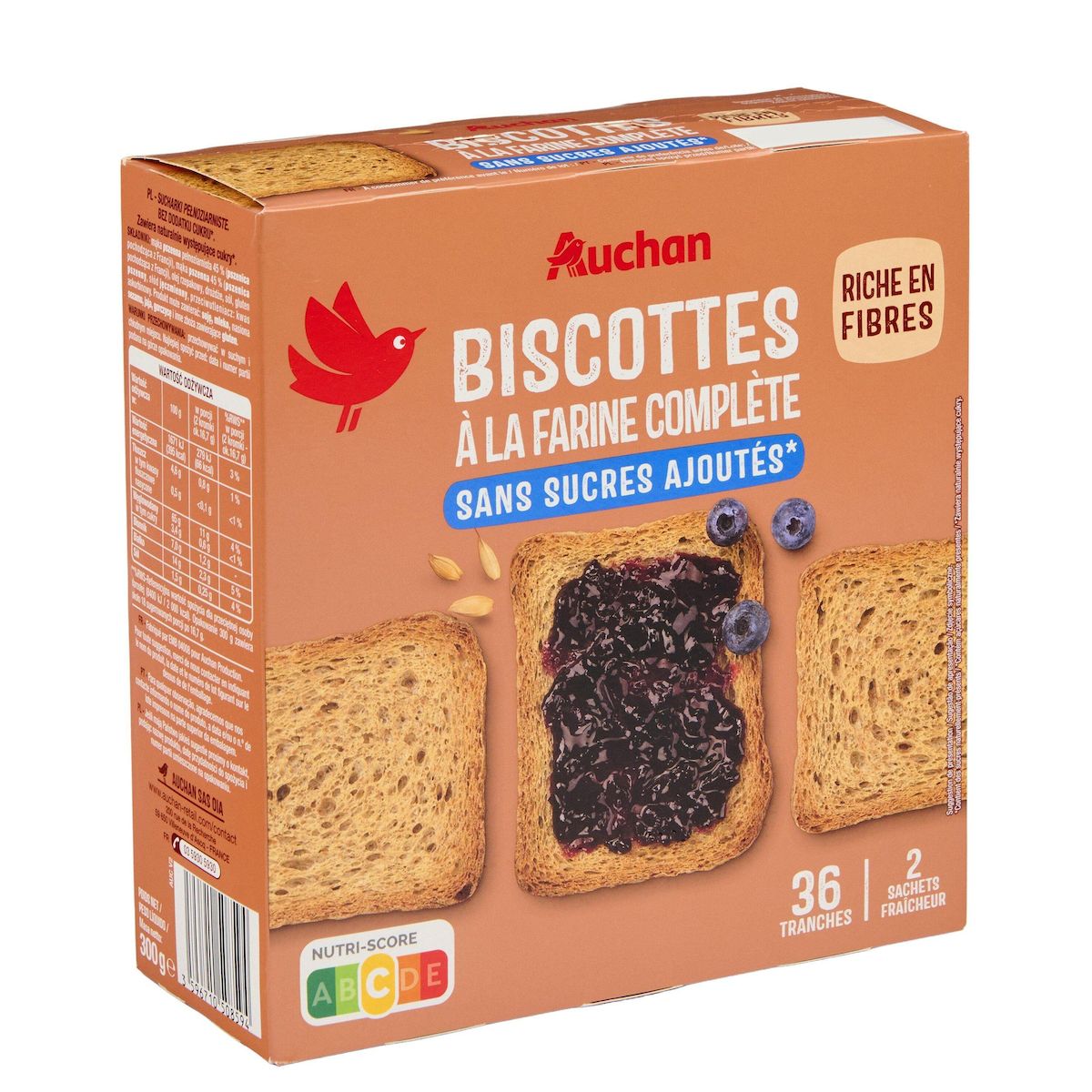 AUCHAN Biscottes au blé complet sans sucres ajoutés 2x18 biscottes 300g