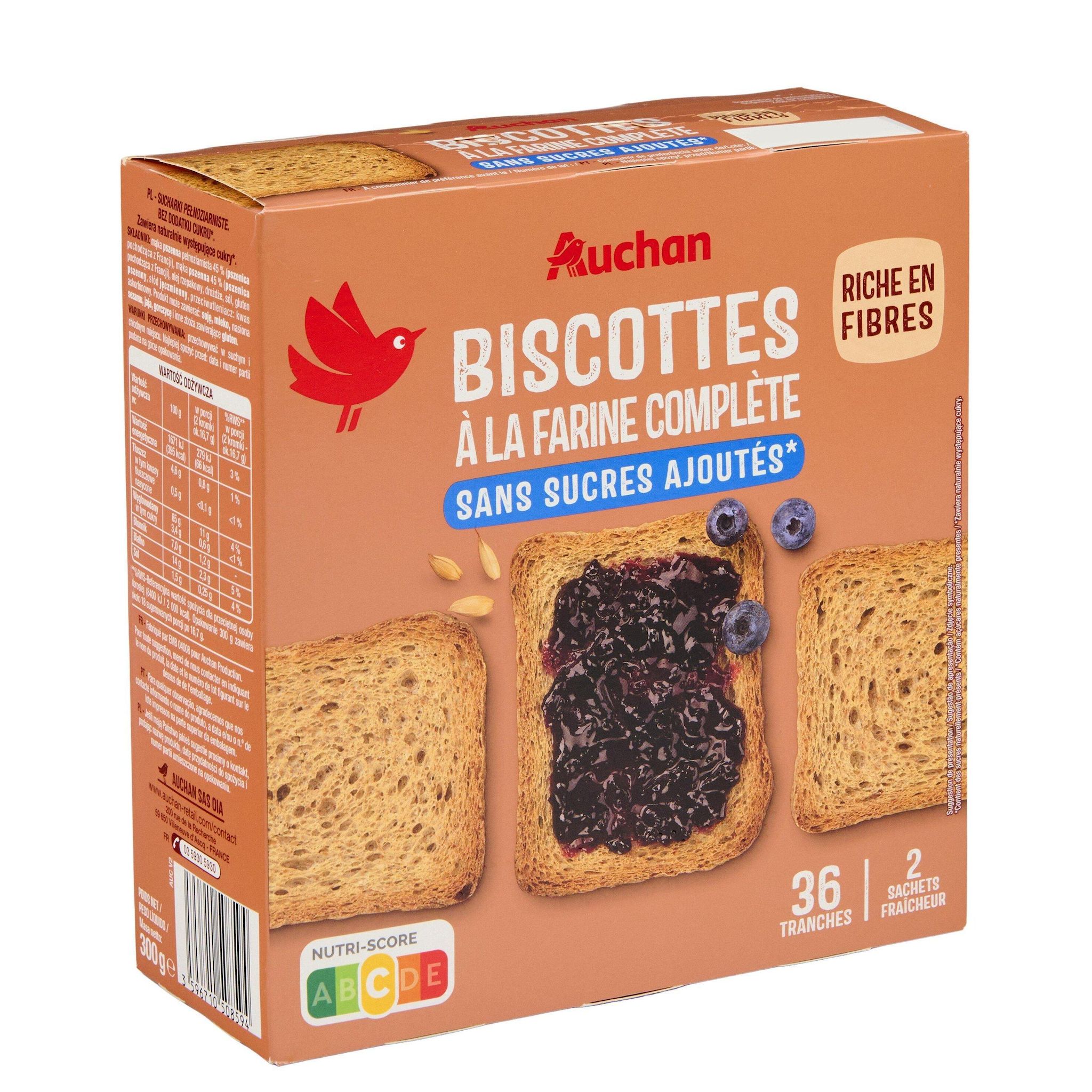 Voir la diapositive 6 : AUCHAN Biscottes au blé complet sans sucres ajoutés 2x18 biscottes 300g