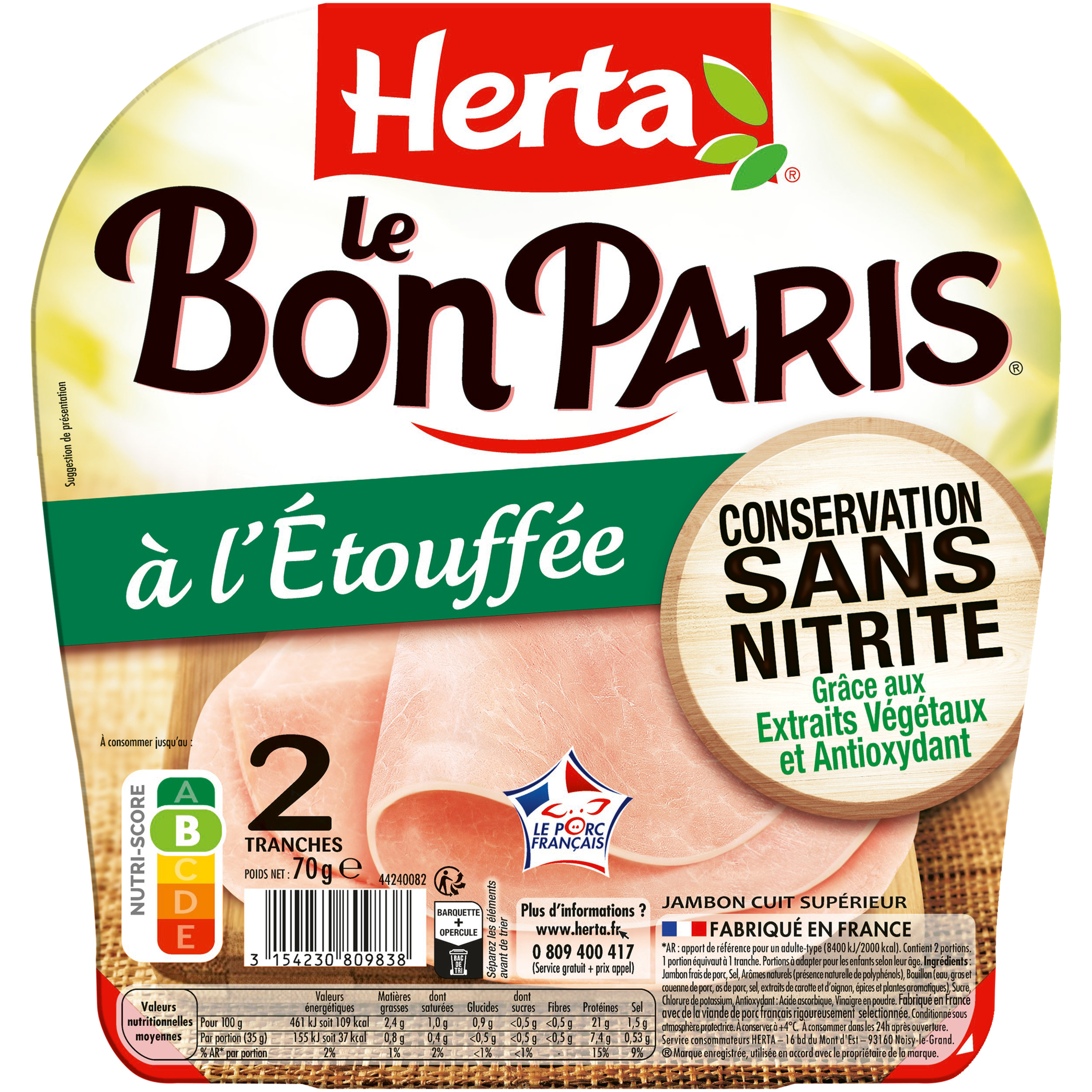 Voir la diapositive 2 : HERTA Le Bon Paris Jambon cuit à l'étouffée sans nitrite 2 tranches 70g