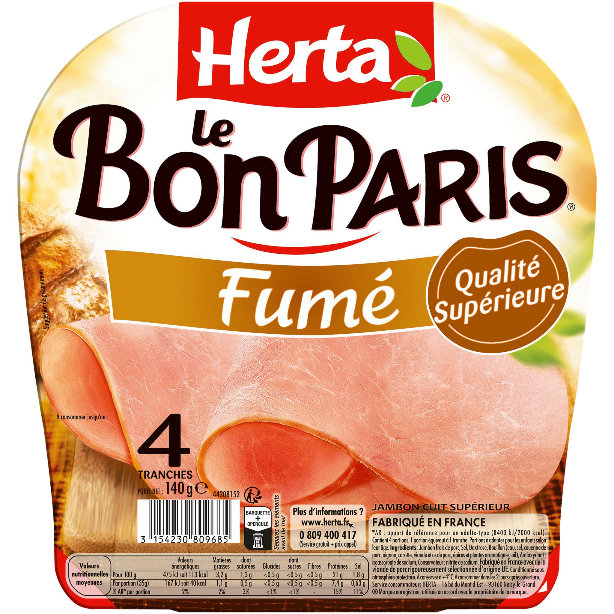 Voir la diapositive 2 : HERTA Le Bon Paris Jambon cuit fumé 4 tranches 140g