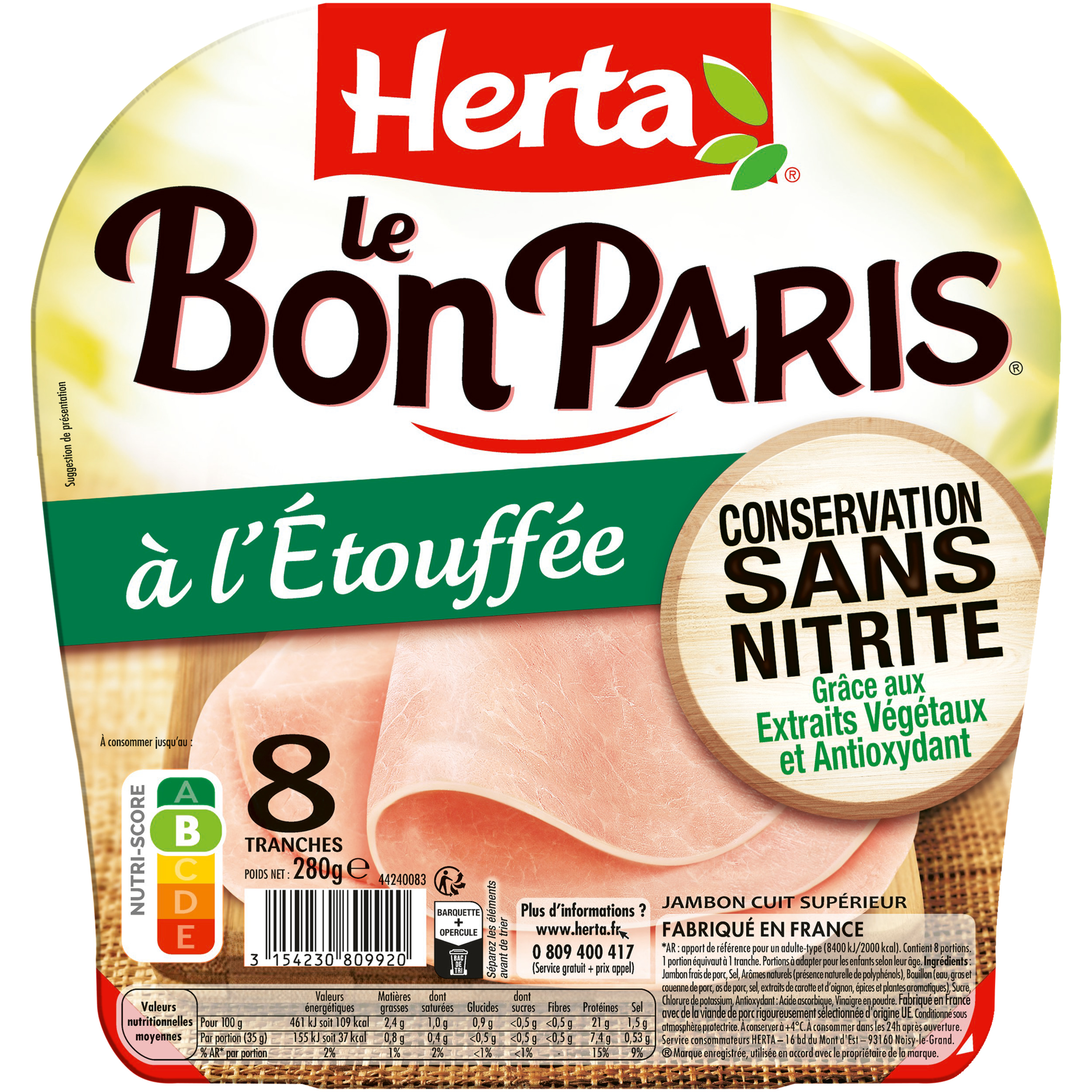 Voir la diapositive 2 : HERTA Le Bon Paris Jambon cuit à l'étouffée sans nitrite 8 tranches 280g