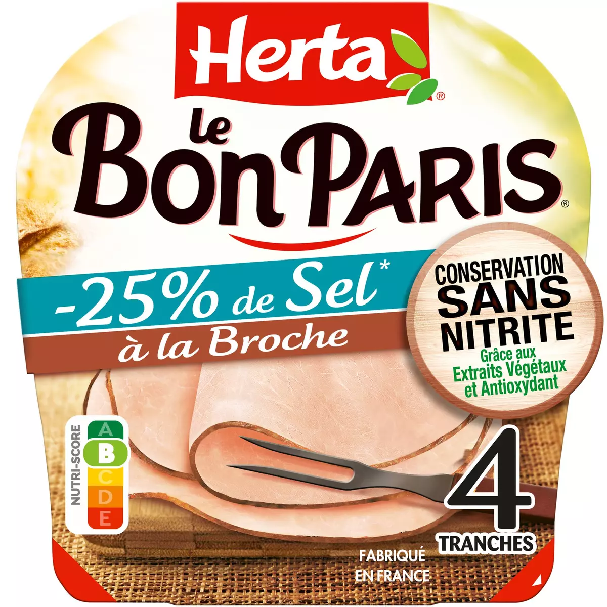 HERTA Le Bon Paris Jambon cuit à la broche réduit en sel sans nitrite 4 tranches 140g