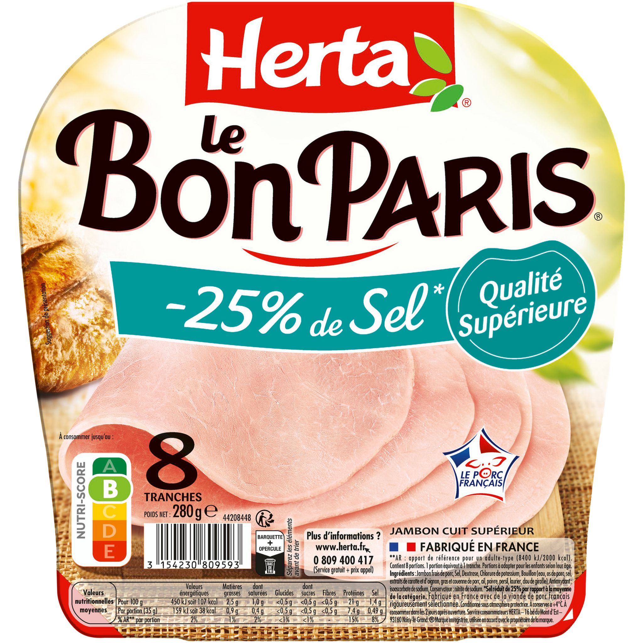 Voir la diapositive 2 : HERTA Le Bon Paris Jambon cuit à l'étouffée réduit en sel 8 tranches 280g