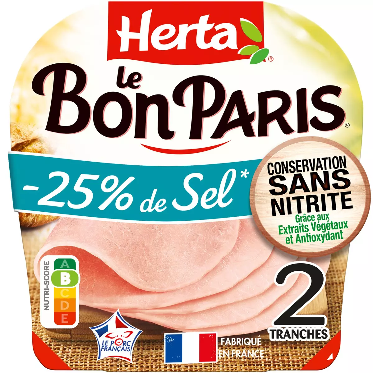 HERTA Le Bon Paris Jambon cuit à l'étouffée réduit en sel sans nitrite 2 tranches 70g