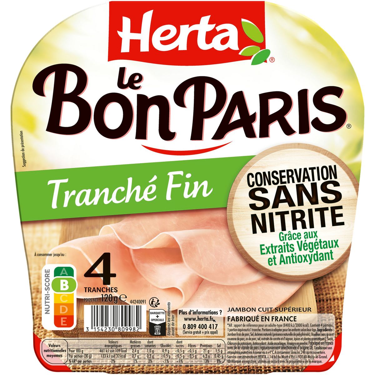 HERTA Le Bon Paris Jambon cuit tranché fin sans nitrite 4 tranches 120g