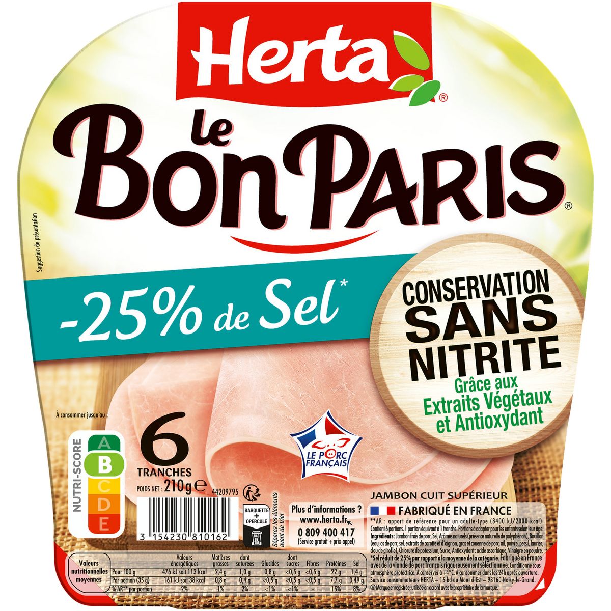 HERTA Le Bon Paris Jambon réduit en sel sans nitrite 6 tranches 210g