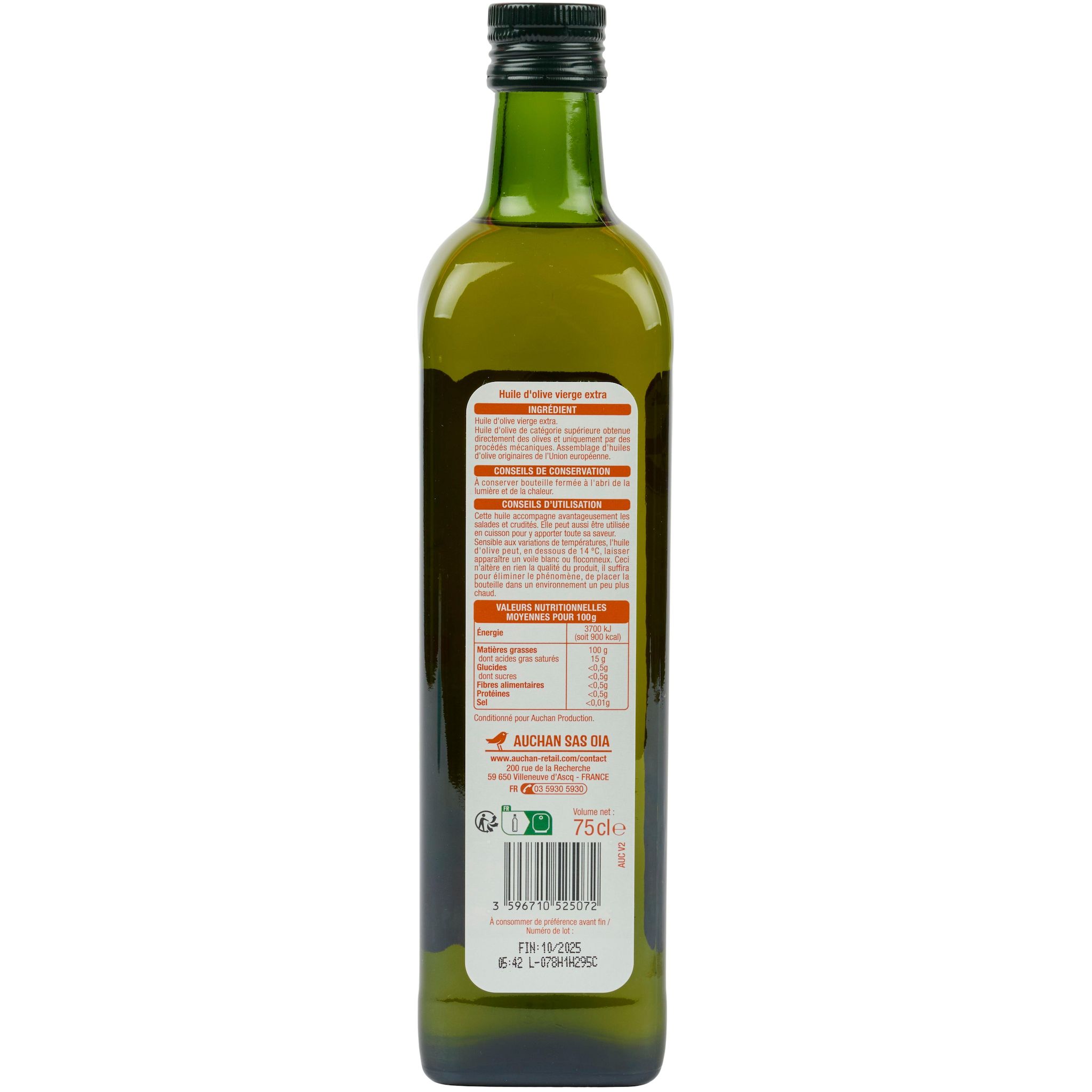 Voir la diapositive 2 : AUCHAN Huile d'olive vierge douce bouteille verre 75cl