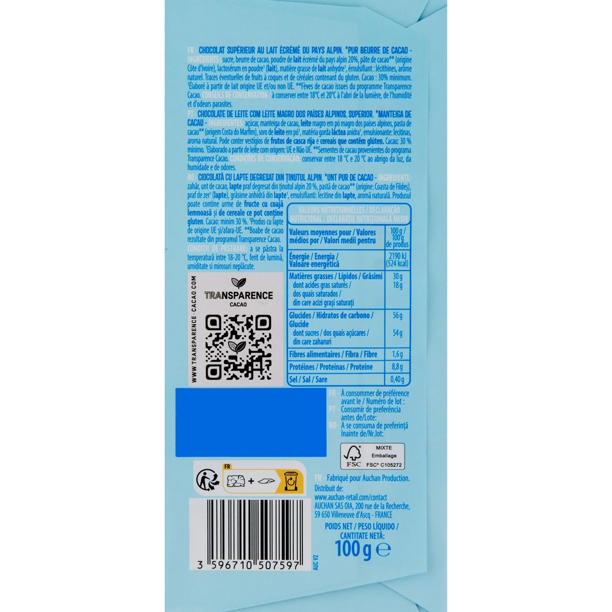 AUCHAN CULTIVONS LE BON Tablette de chocolat au lait Alpin 3 pièces 3x100g