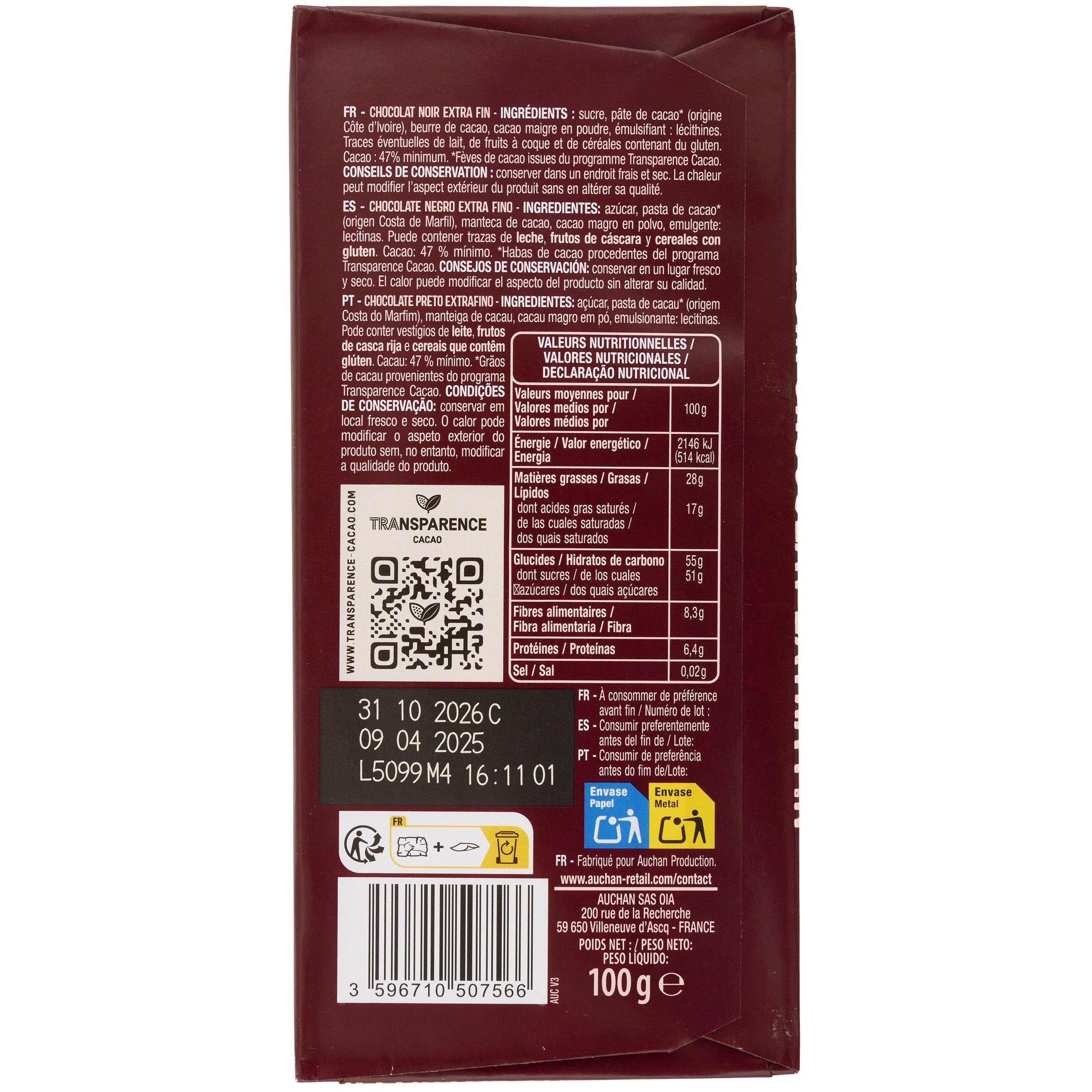 Voir la diapositive 3 : AUCHAN CULTIVONS LE BON Tablette de chocolat noir extra fin 3x100g
