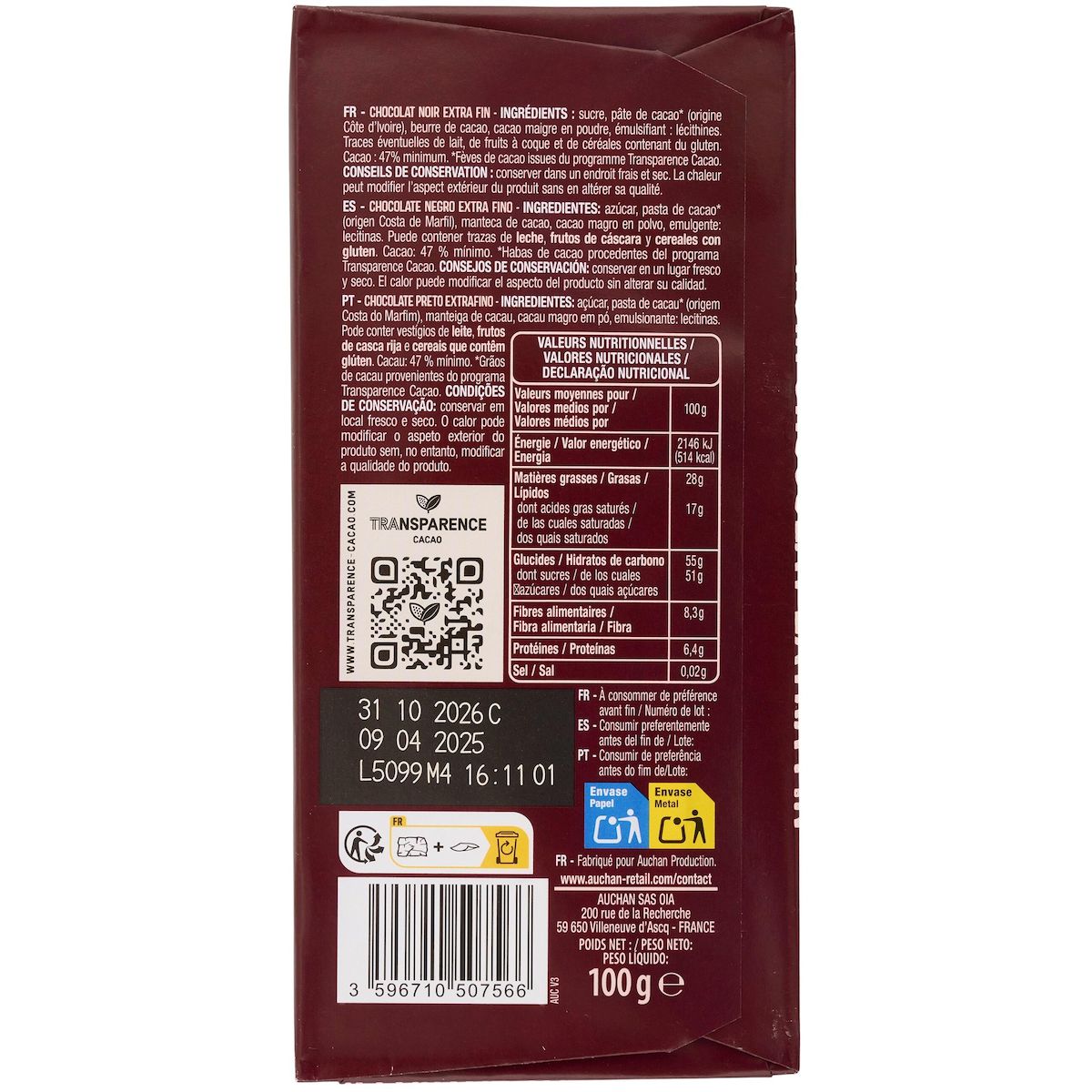 AUCHAN CULTIVONS LE BON Tablette de chocolat noir 3 pièces 3x100g