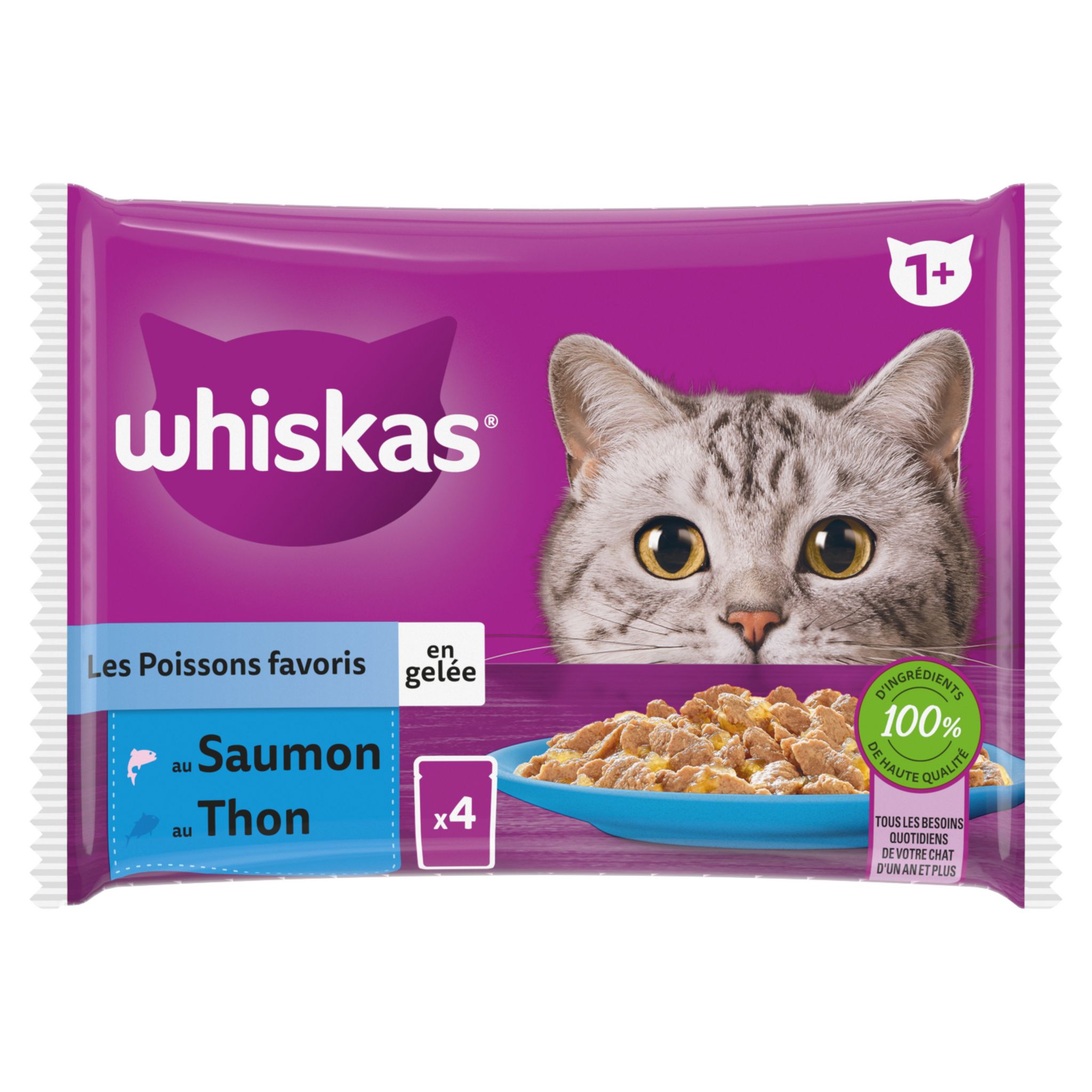 WHISKAS Sachets repas Les Poissons favoris en gelée au saumon et thon pour chat adulte 4 sachets 4x85g