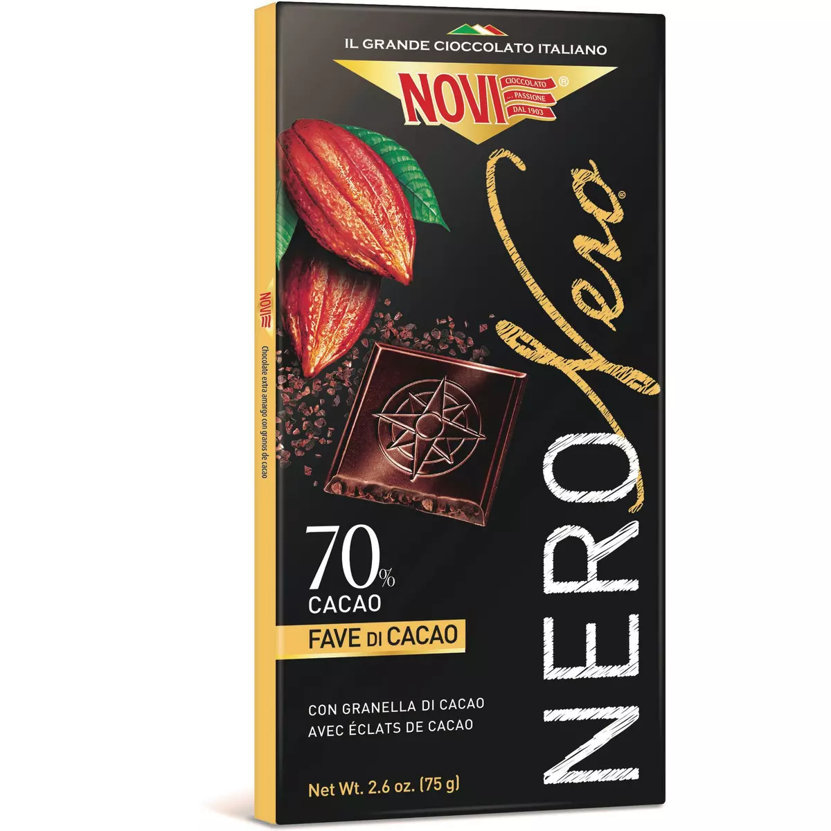 NOVI Tablette de chocolat noir dégustation éclats de cacao 70% 1 pièce 75g