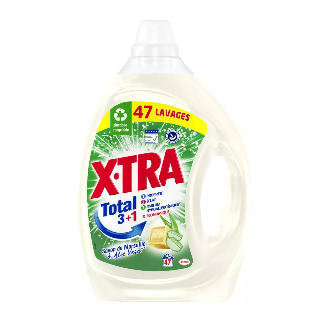 X-TRA Total 3+1 Lessive liquide au savon de Marseille et aloé vera 47  lavages 2.115l pas cher 