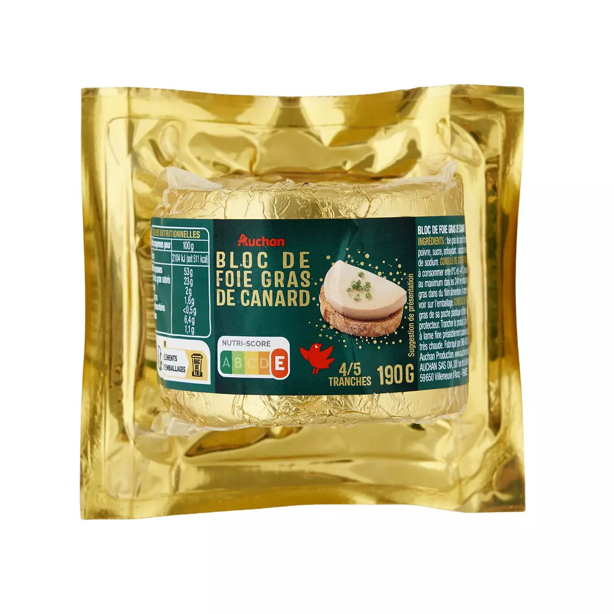 AUCHAN Bloc de foie gras de canard 4-5 tranches 190g