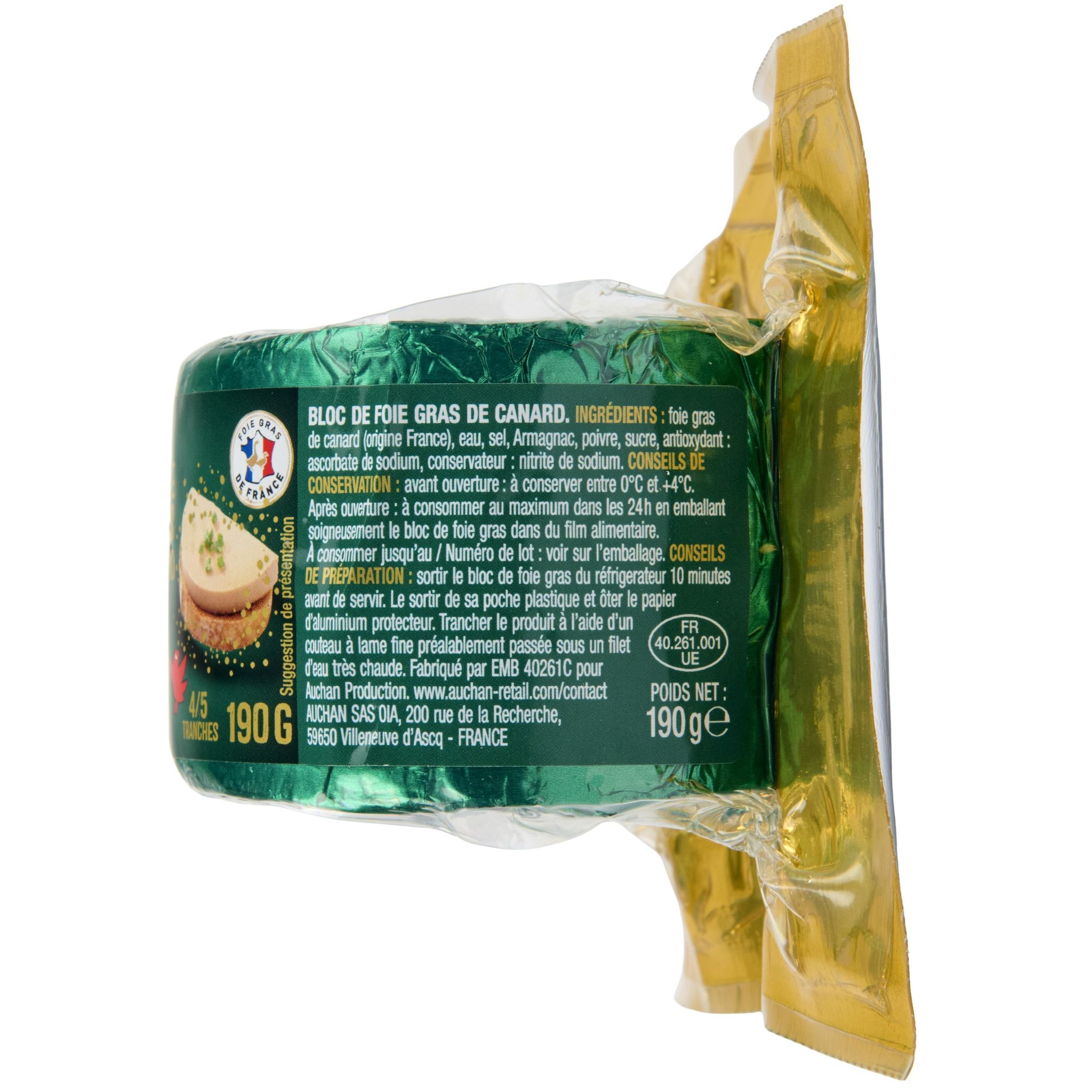 Voir la diapositive 4 : AUCHAN Bloc de foie gras de canard 4-5 parts 190g