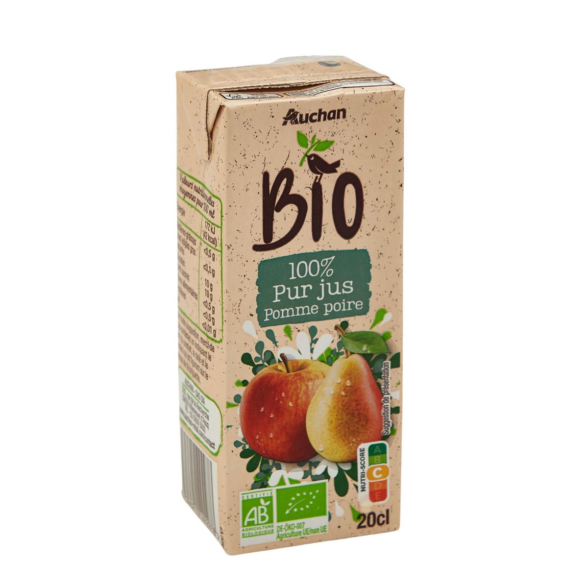 AUCHAN BIO Pur jus de pomme poire en briquette 20cl