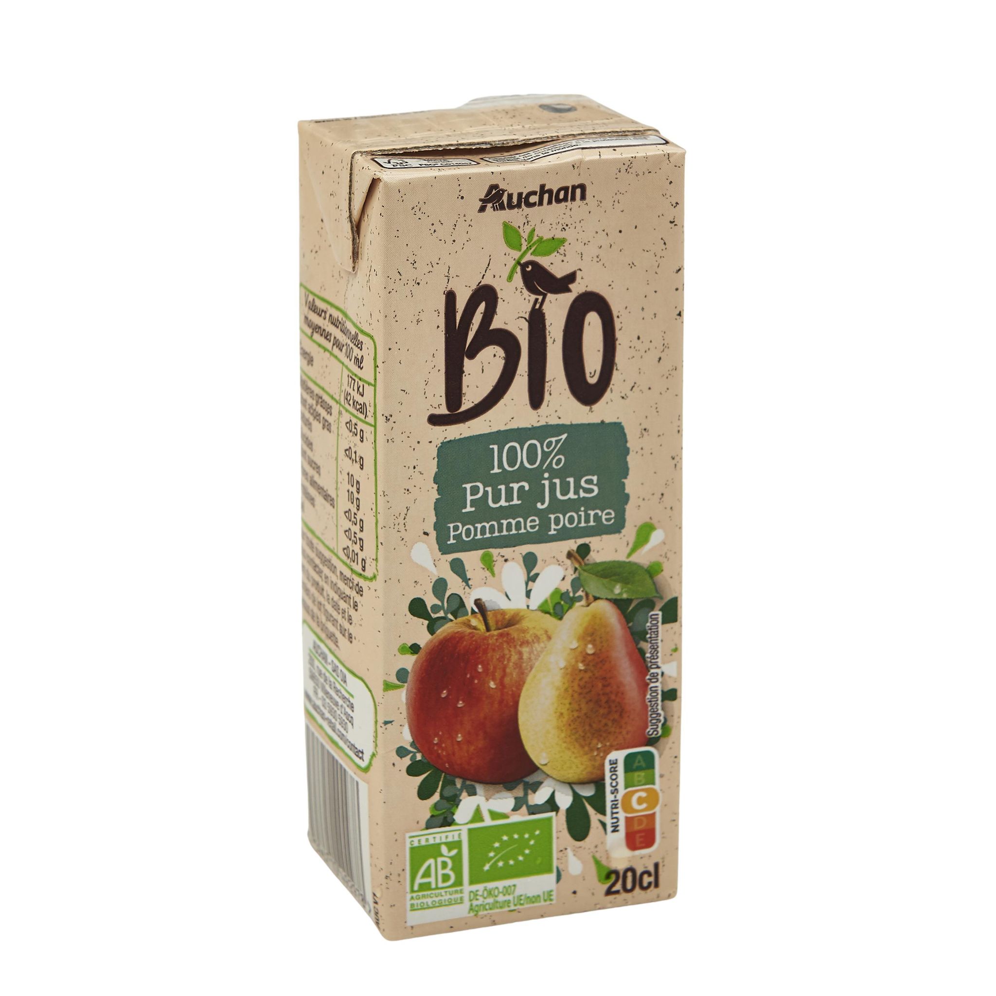 Voir la diapositive 2 : AUCHAN BIO Pur jus de pomme poire en briquette 20cl