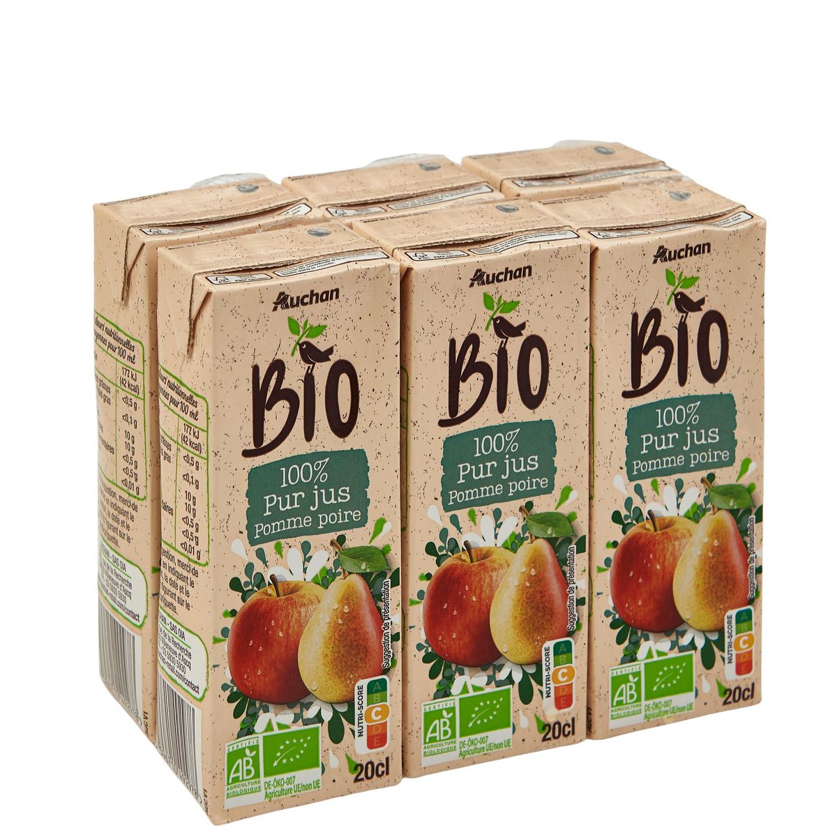 AUCHAN BIO Pur jus de pomme poire en briquette 6x20cl