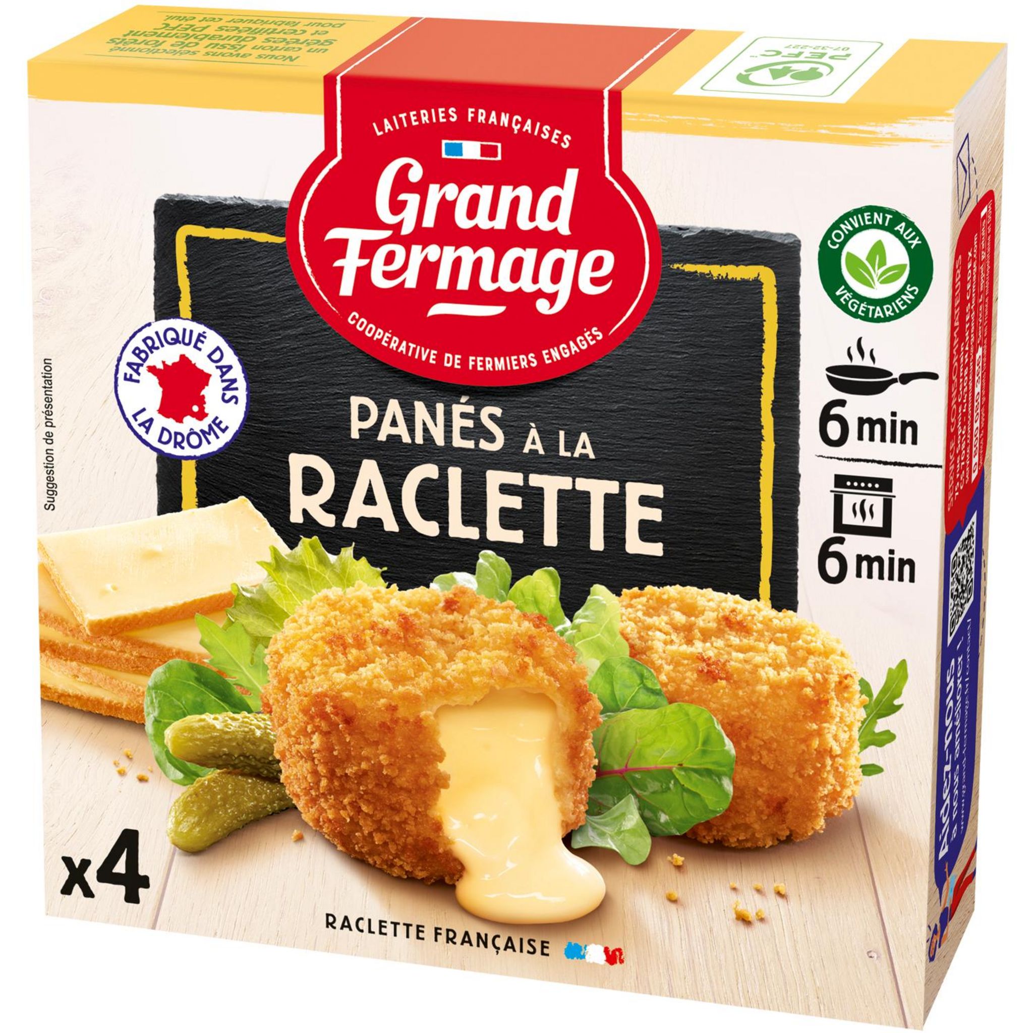 Voir la diapositive 2 : GRAND FERMAGE Panés à la raclette 4 pièces 100g