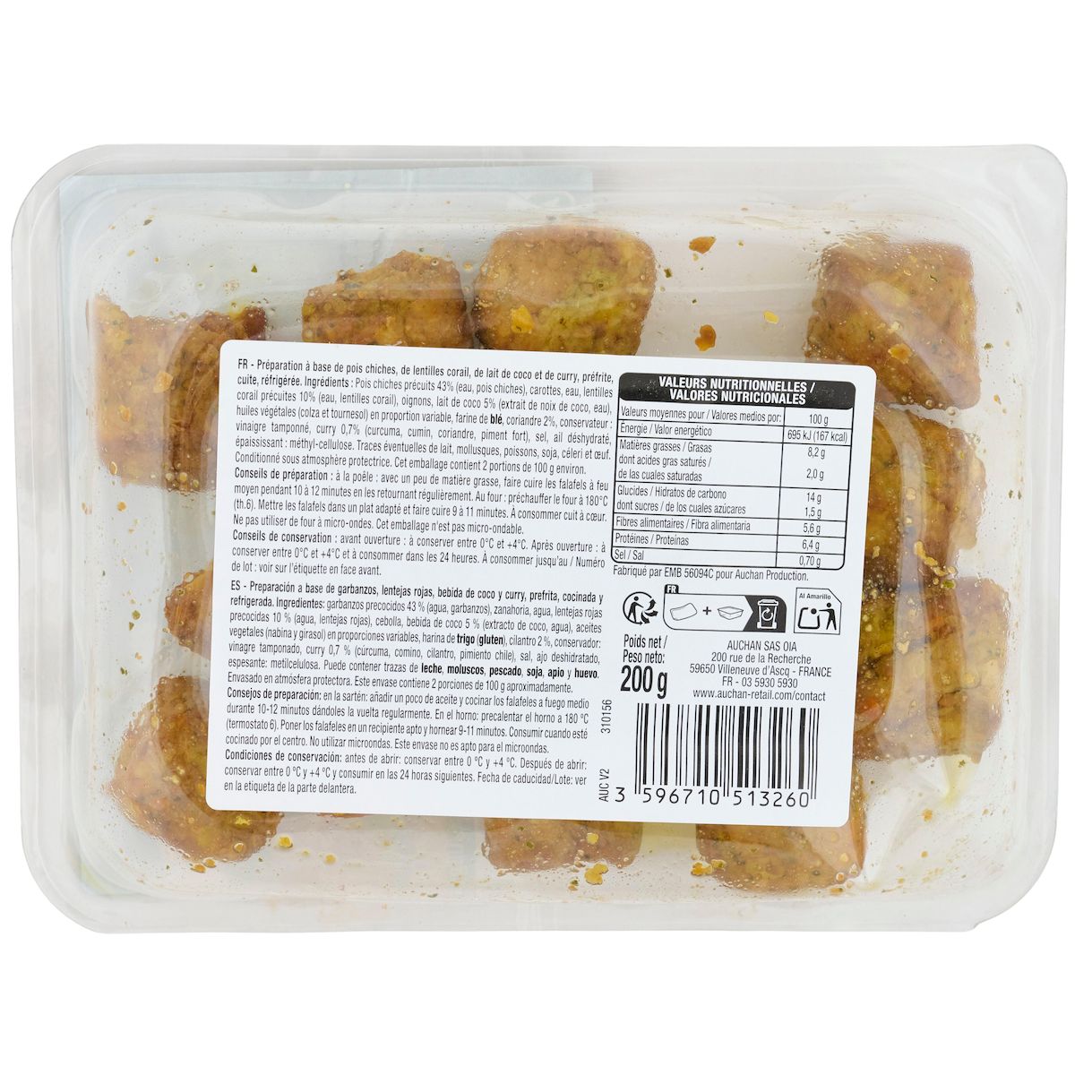 AUCHAN VERY VEGGIE Falafels de lentilles corail coco et curry 2 parts 200g