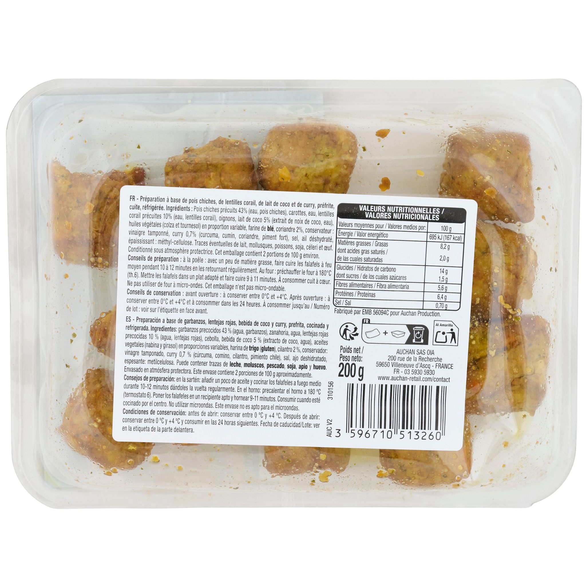 Voir la diapositive 2 : AUCHAN VERY VEGGIE Falafels de lentilles corail coco et curry 2 parts 200g