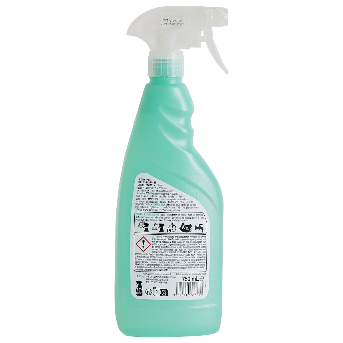 AUCHAN Spray désinfectant multi-surfaces à l'eucalyptus 750ml