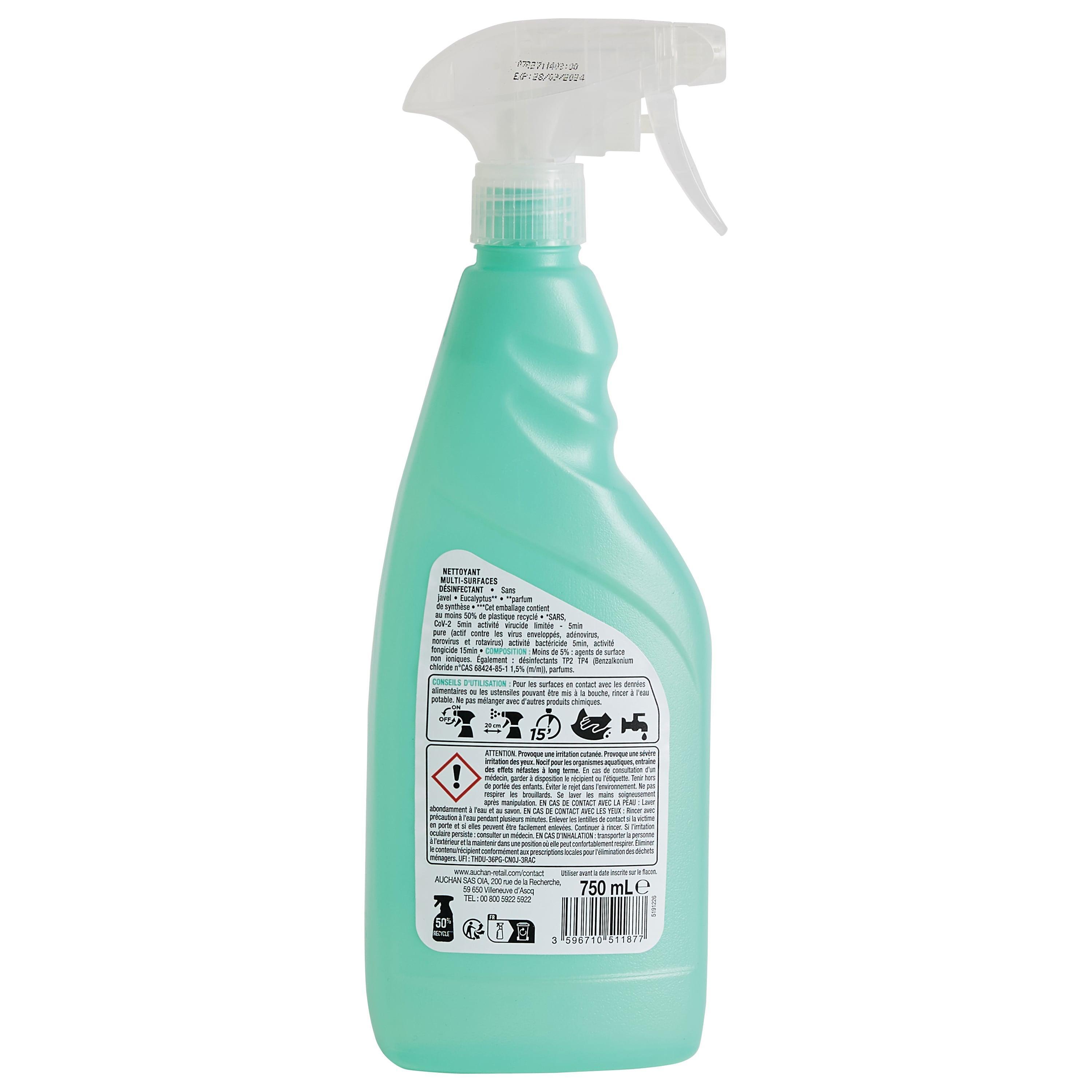 Voir la diapositive 3 : AUCHAN Spray désinfectant multi-surfaces à l'eucalyptus 750ml