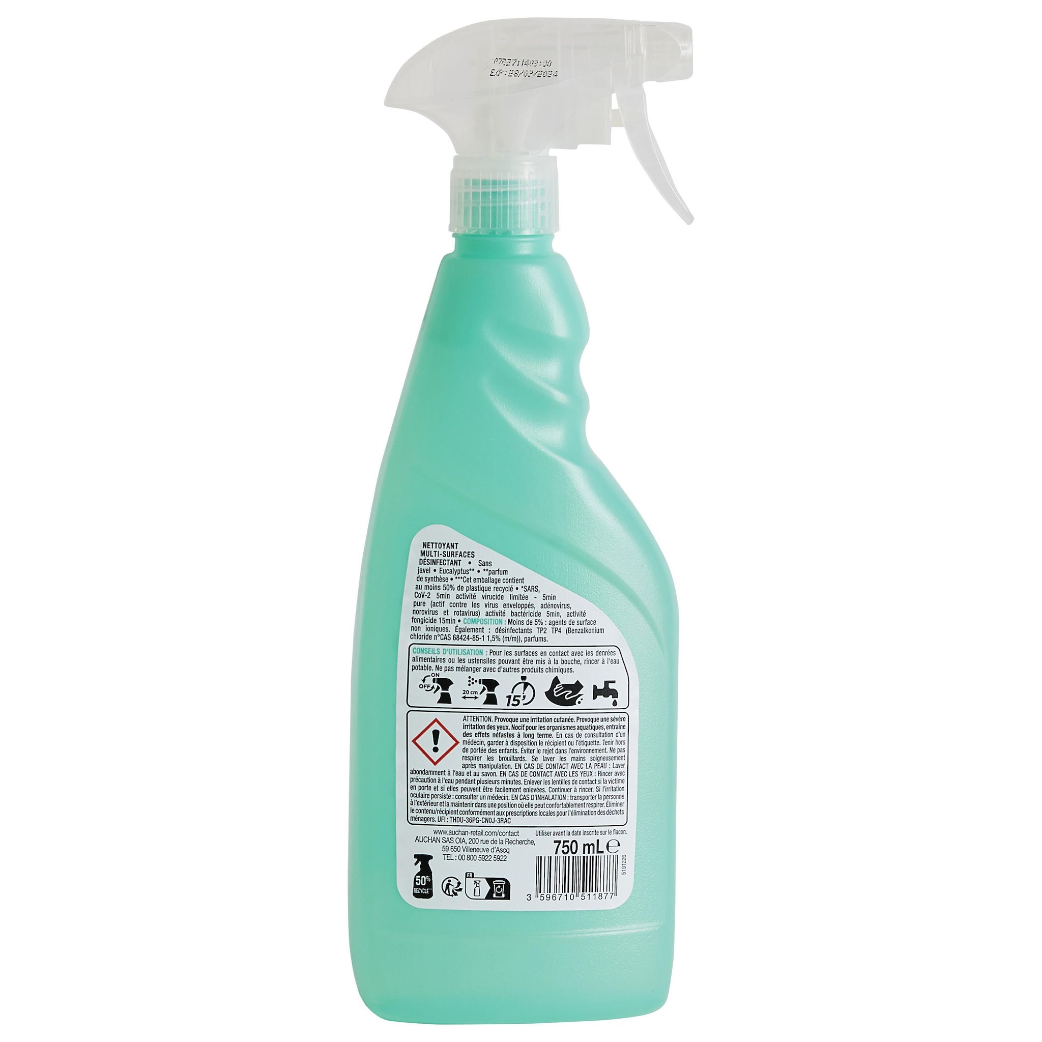 Voir la diapositive 3 : AUCHAN Spray désinfectant multi-surfaces à l'eucalyptus 750ml