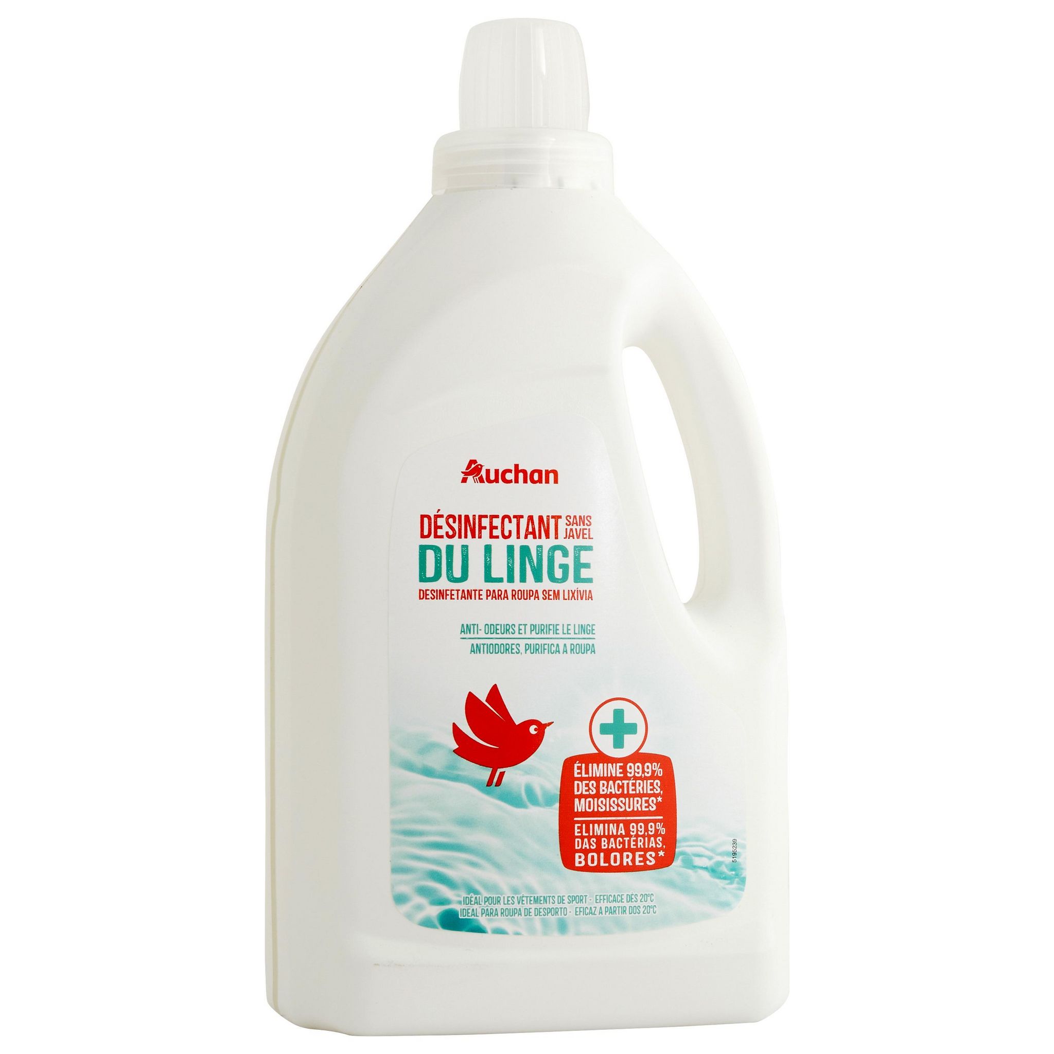 Voir la diapositive 2 : AUCHAN Désinfectant du linge sans javel anti-odeurs 1.5l
