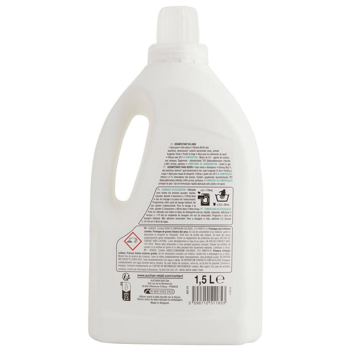 AUCHAN Désinfectant du linge sans javel anti-odeurs 1.5l