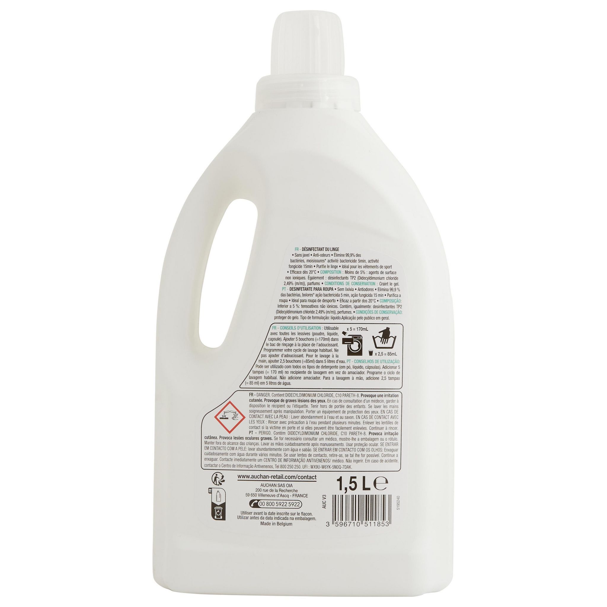 Voir la diapositive 3 : AUCHAN Désinfectant du linge sans javel anti-odeurs 1.5l