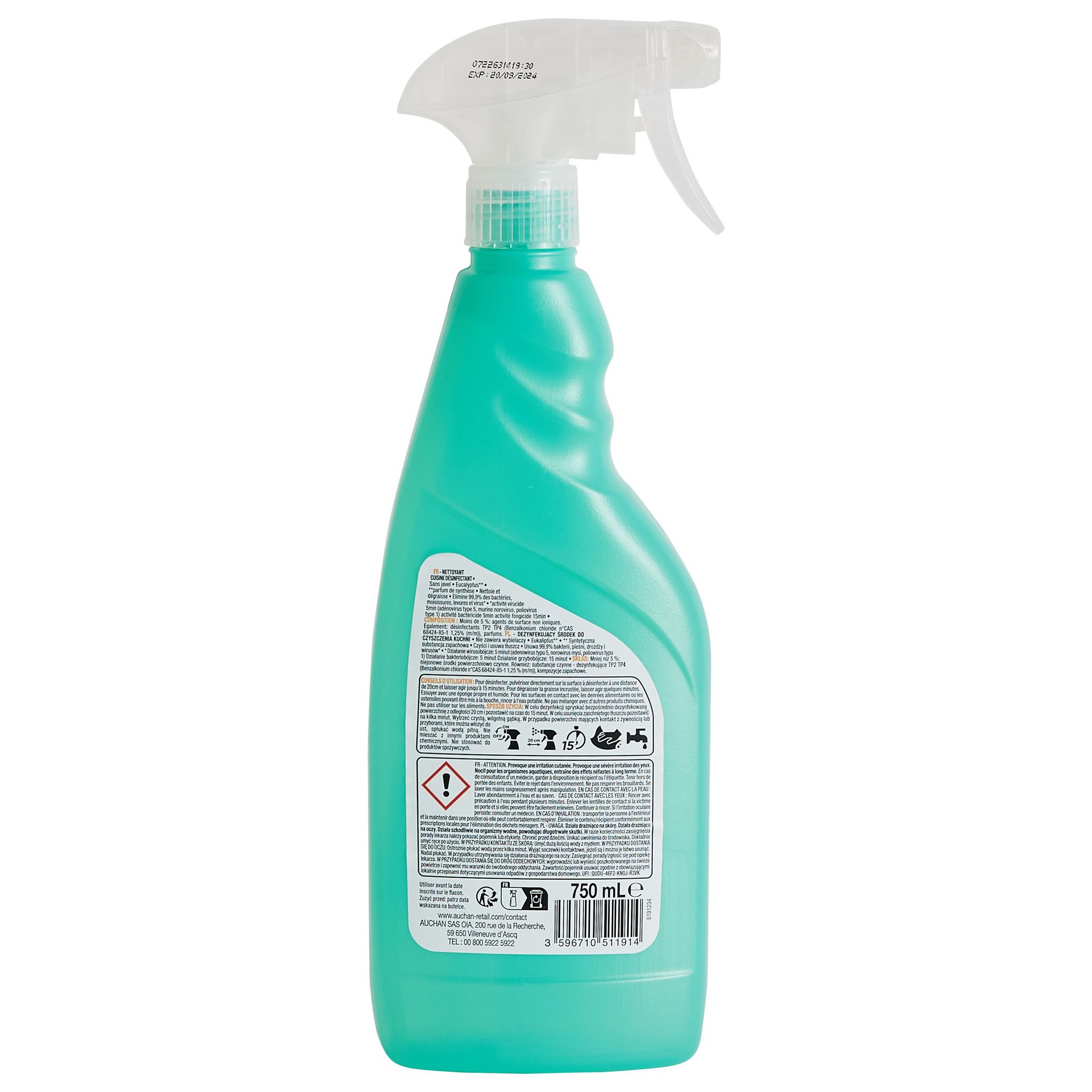 Voir la diapositive 3 : AUCHAN Spray désinfectant dégraissant cuisine 750ml