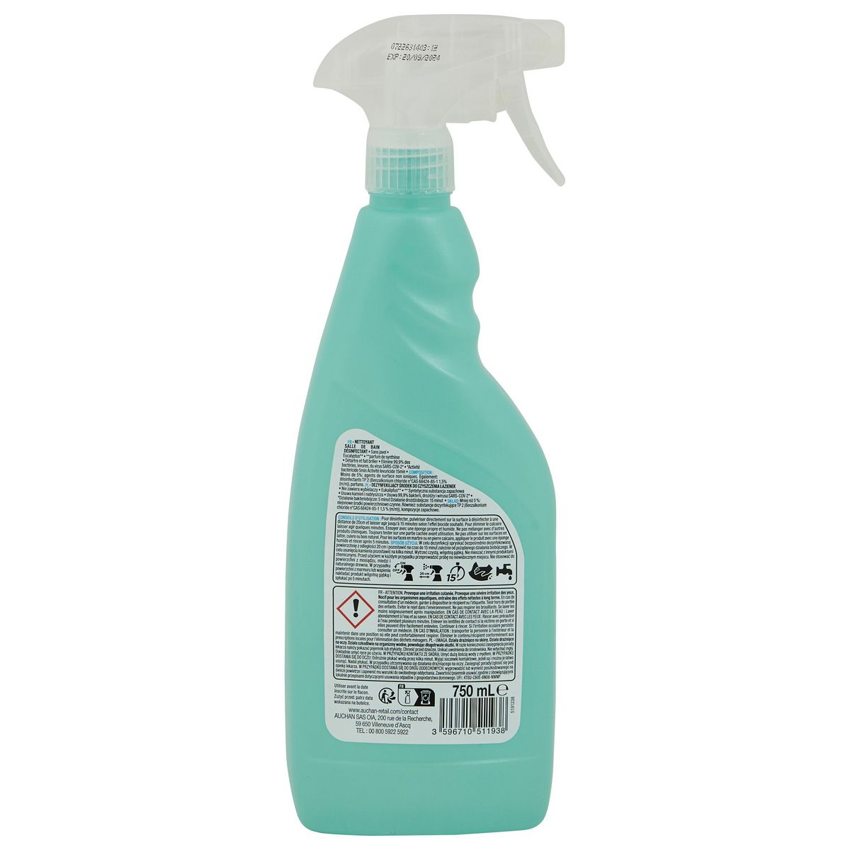 AUCHAN Spray désinfectant salle de bain sans javel 750ml